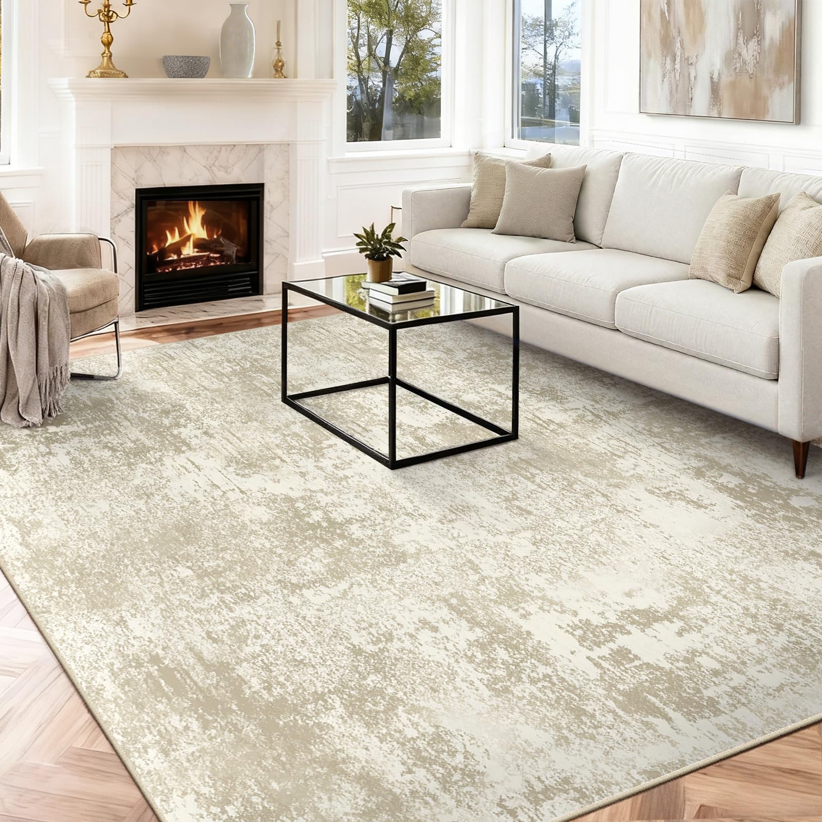 INOVADAY Washable Rugs Living Room 240x300 cm Modern Abstract Rug with Soft Low Pile Vacuum Friendly Non Slip Backing Minimalist Carpet for Lounge Bedroom Dining Room Home Office Beige