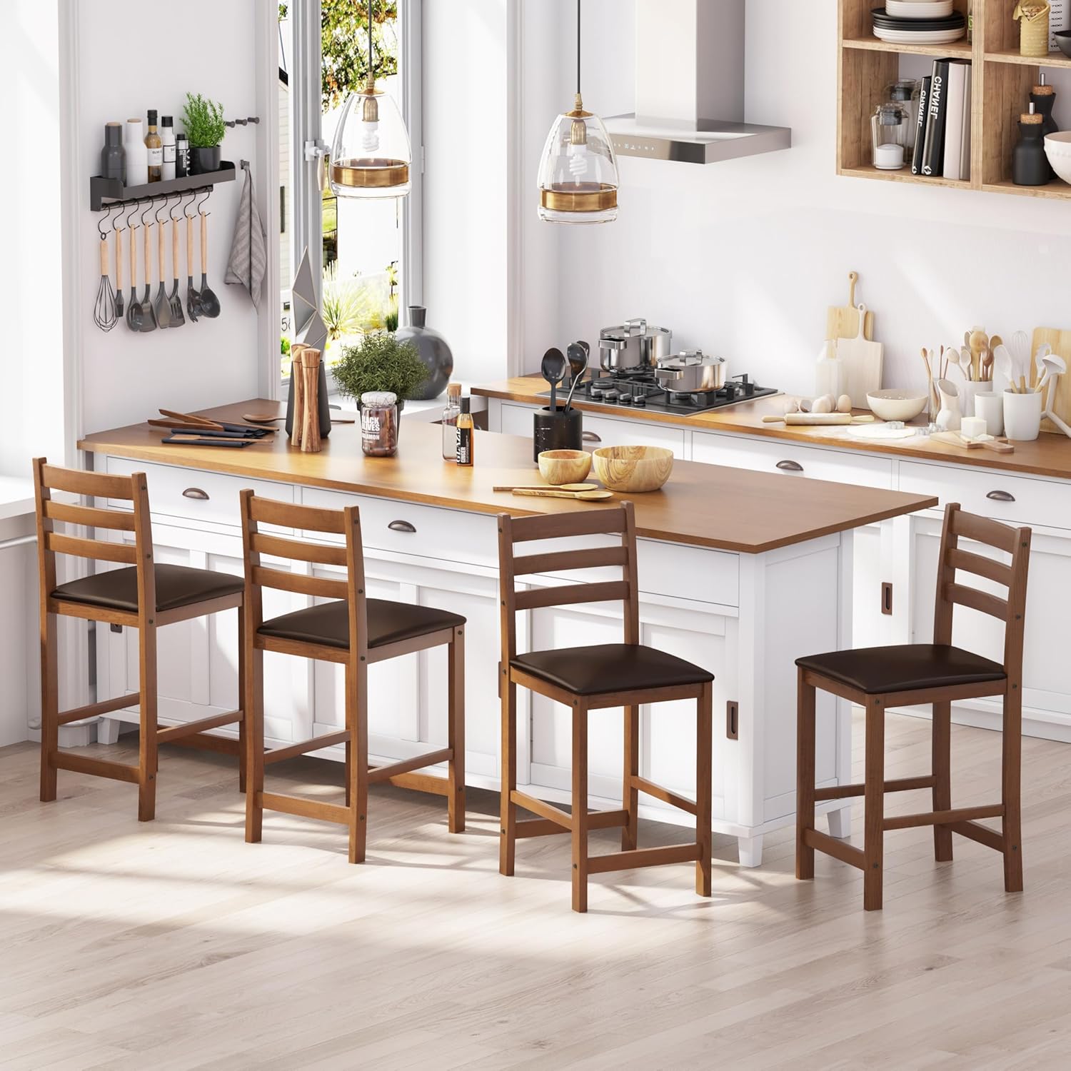 24'' Counter Height Bar Stools Set of 4, Solid Wood Island Chairs for Kitchen, Stools for Kitchen Counter, Black