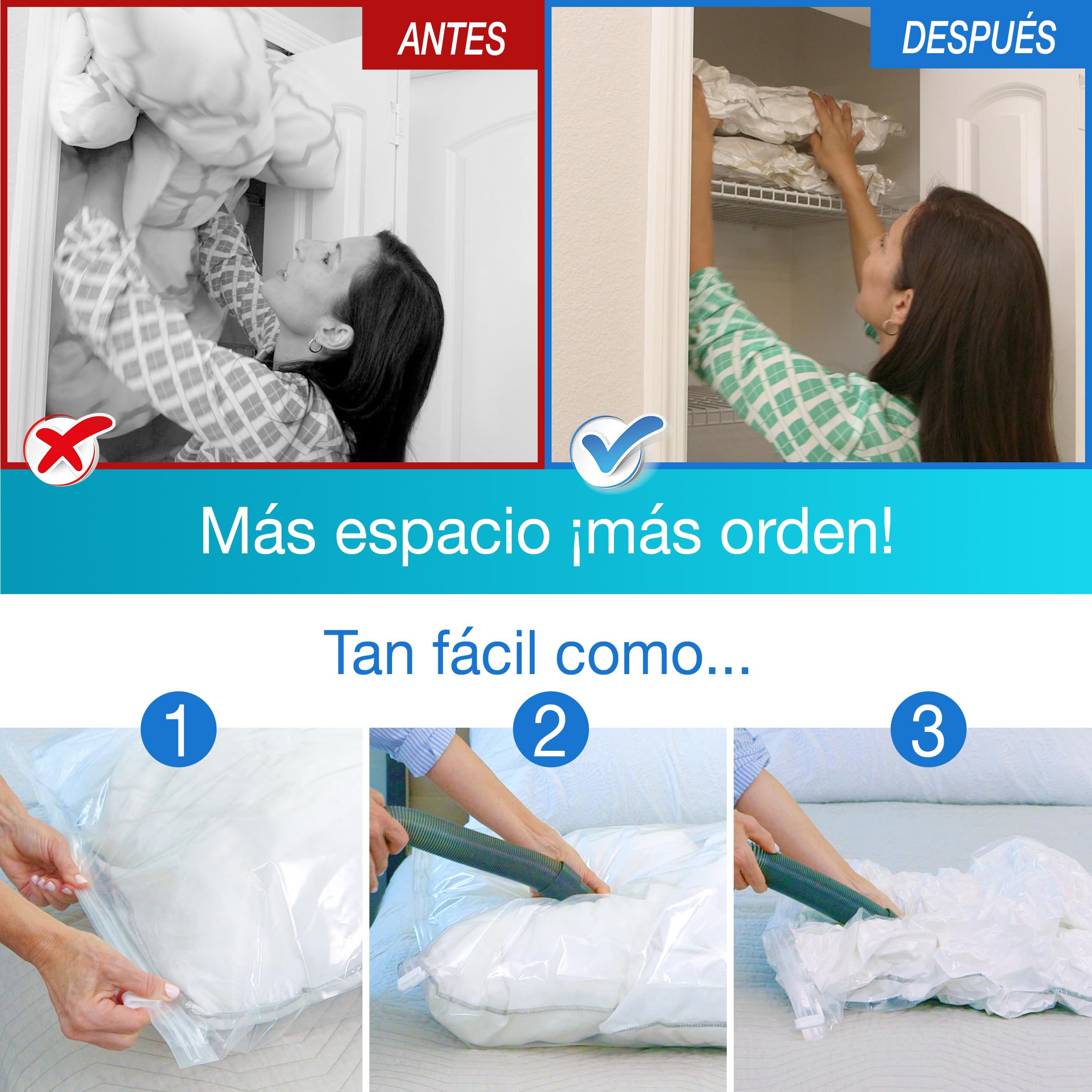 Set 8 Bolsas de Vacío Ropa GUARDAPLUS: Edredones Abrigos Viaje... Ahorra espacio. Desinflado rápido. Incluye: 1 XXL, 1 XL, 1 M, 2 S, 1 Trajes + 2 Bolsas viaje + Bolsa Zapatero + Bomba Extractora