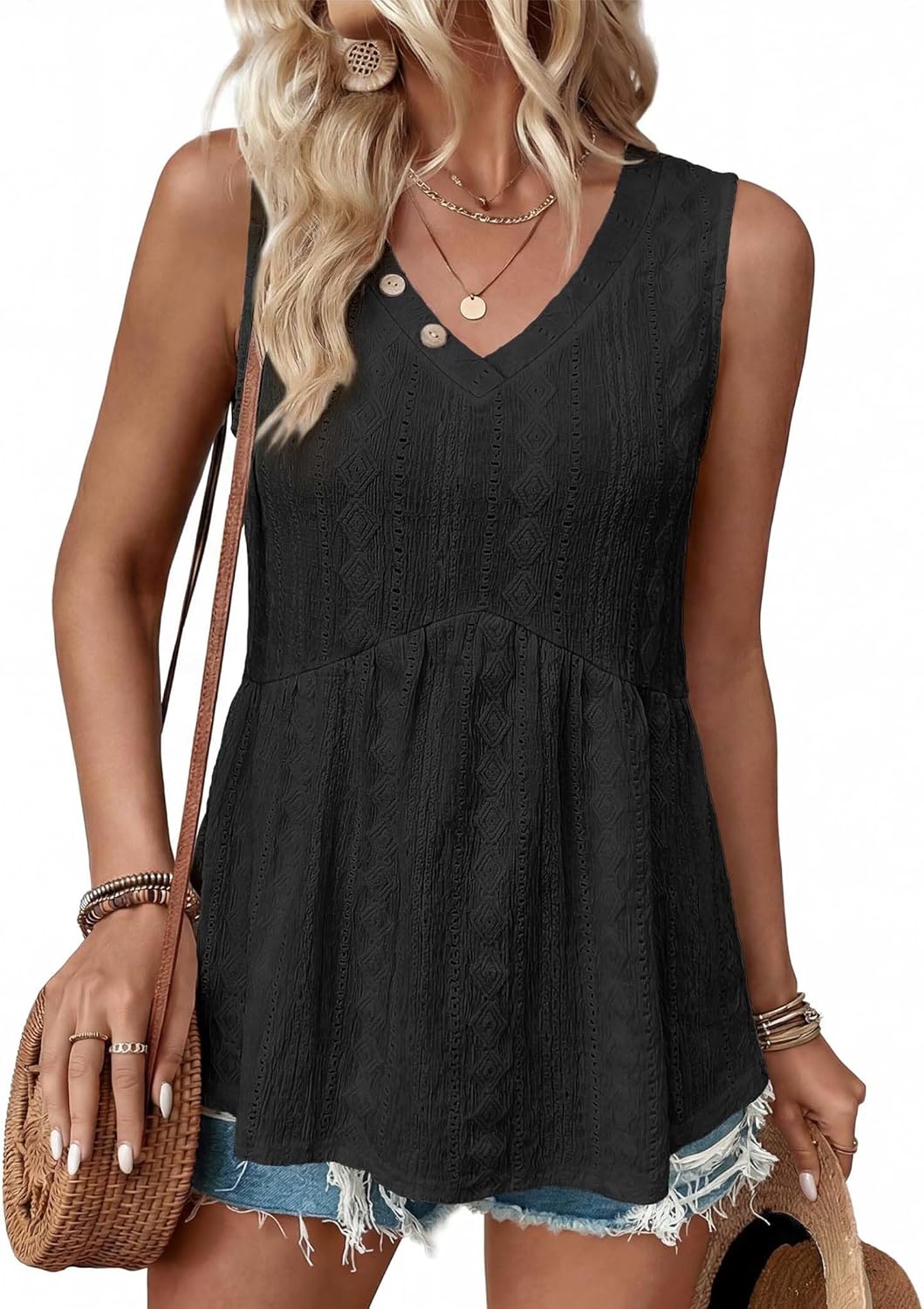 OFEEFAN Womens Tank Tops 2026 Boho Fashion Clothing Flowy Peplum Top Button Down Sleeveless V Neck Babydoll Tank Top - Image 2