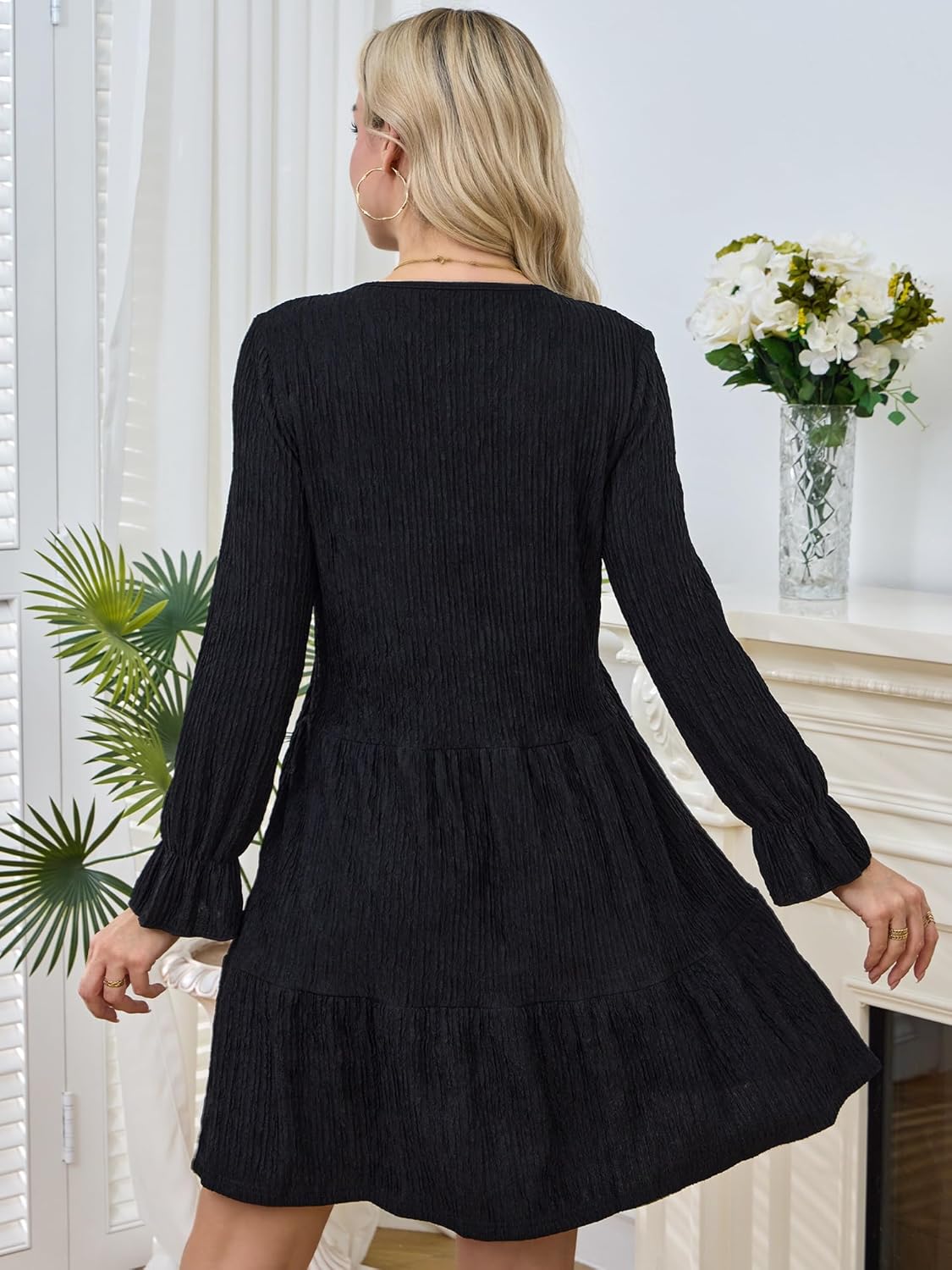 Women's Fall Long-Sleeve Mini Dress Elegant V-Neck with Ruffled Hem Wedding Guest Dresses - Image 4