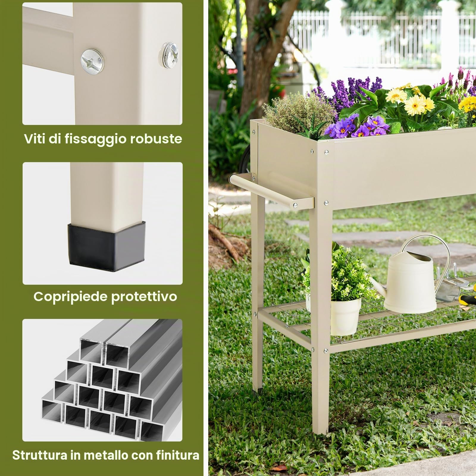 HOMASIS Fioriera Rialzata da Esterno, Aiuola Rialzata in Metallo, Letto per Orto con Mensola in Rete e 2 Ganci, Carrello Alto per Coltivazione con 2 Ruote e Maniglia, 95 x 40 x 80 cm (Beige)