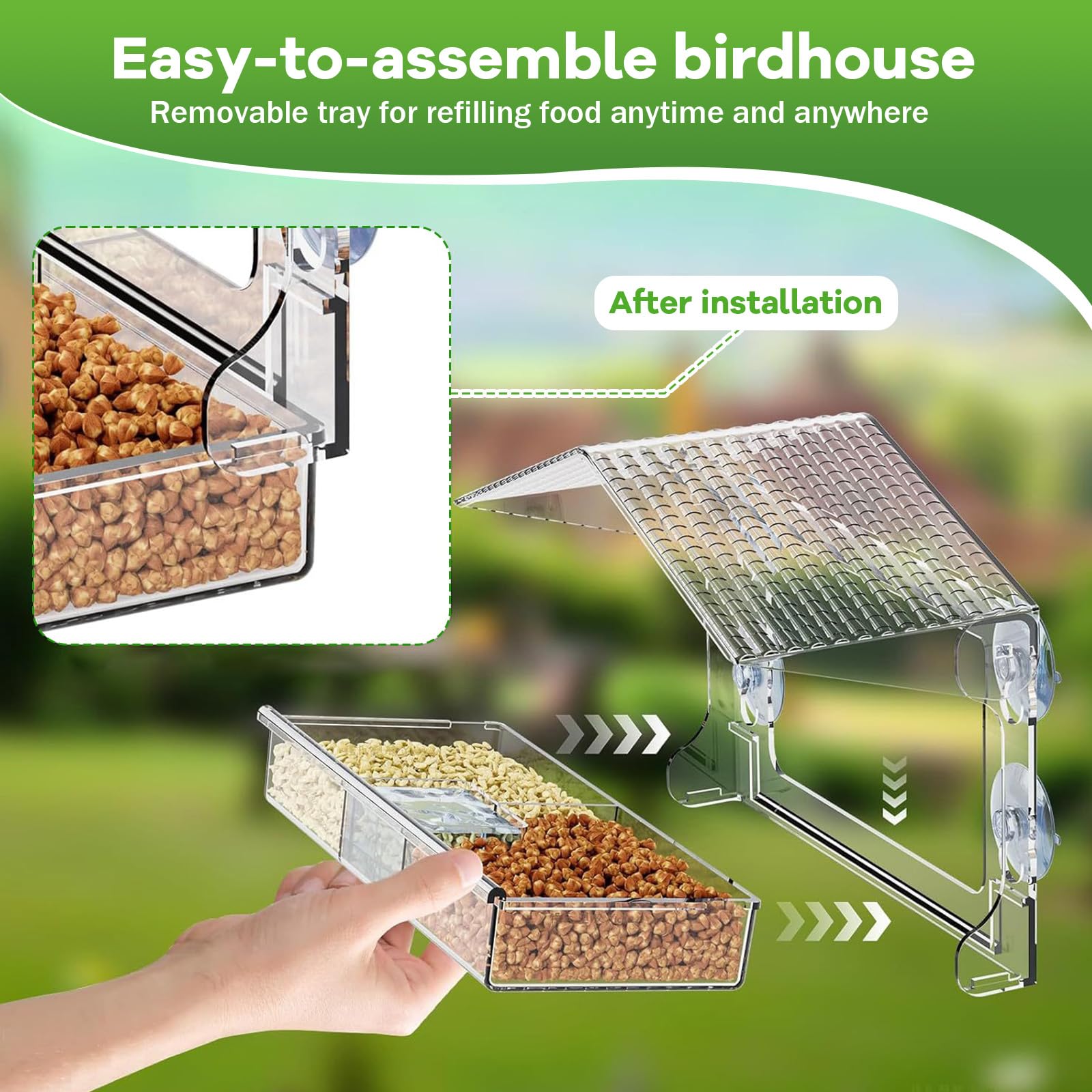 Window Bird Feeder, Clear Outdoor Bird House with 4 Strong Suction Cups & Removable Seed Tray, 3 Compartment Design with Drainage Holes, Ideal as a Birdwatching Gift, Outdoor Bird Feeder, and Garden D - 4