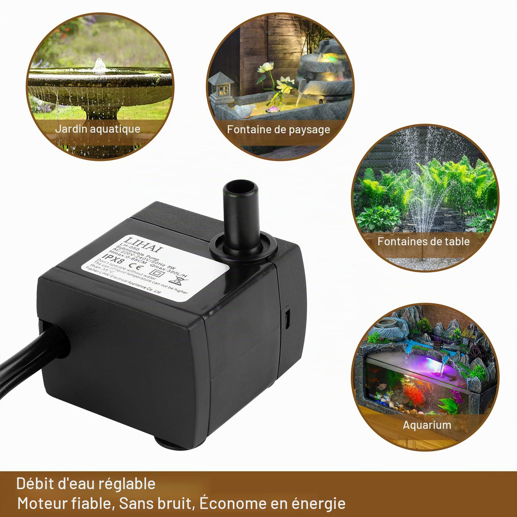 Mini pompe à eau avec 4 lumières LED 350 l/h 3,5 W, pompe à eau d'aquarium pour jardin, fontaine, rocaille, pompe à eau pour jardin, pompe submersible, hauteur de refoulement maximale 0,85 m