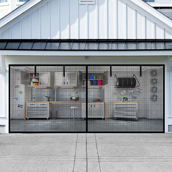 Garage Door Screen for 1 Car Garage-9x7FT Magnetic Garage Screen Door,Upgraded Heavy Duty Polyethylene Terephthalate with 4 Roll Up Starps for Patio, Outdoor