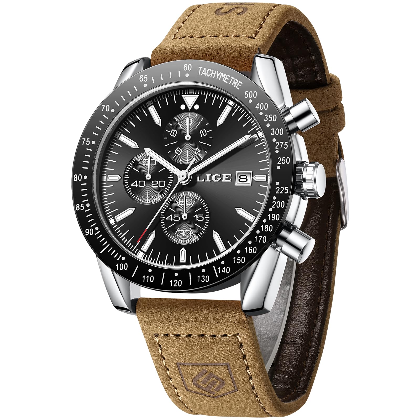 LIGE Uhren Herren, Analog Quarz Armbanduhr Herren, Chronograph Lederarmband Wasserdicht Braun, Kalenderfunktion Leuchtzeiger, Herrenuhr Fur Business Casual Stil