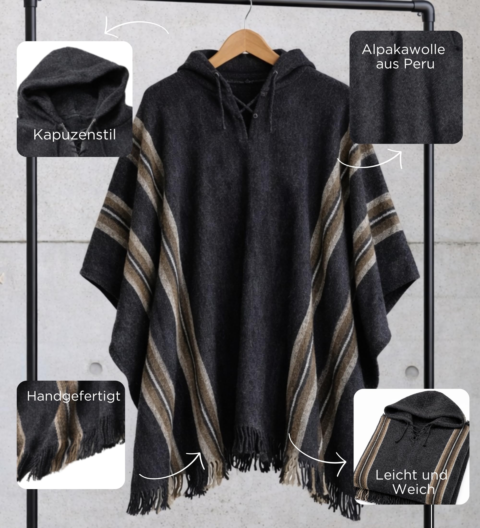 Gamboa Alpaka Wolle Poncho Herren Decke Ponchos Kapuze Cape Pancho Männer Mexikanischer Wollponcho Winter Cowboy Hippie Jacke