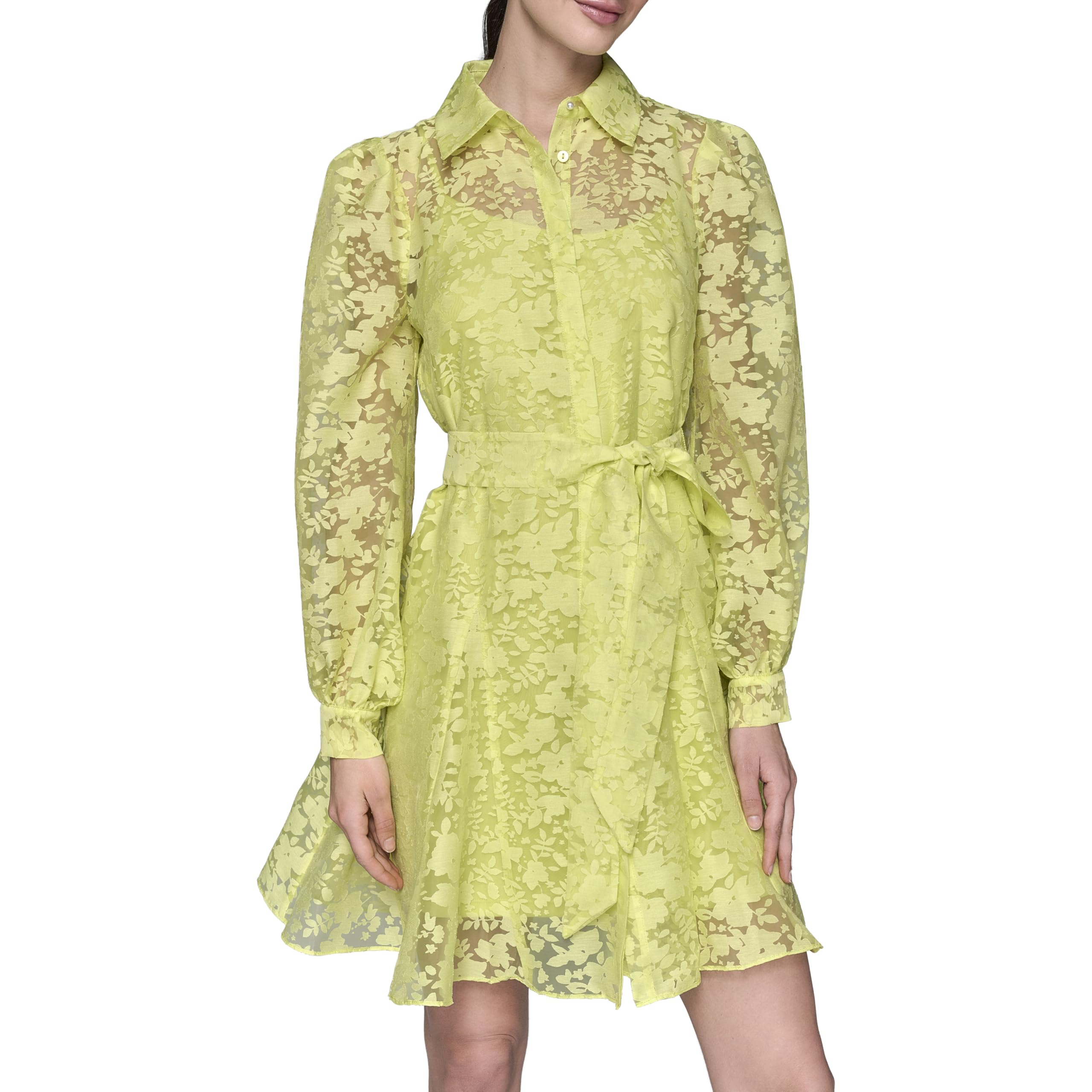 Karl Lagerfeld Women's Long Sleeve Collared Organza Overlay Belted Mini Dress