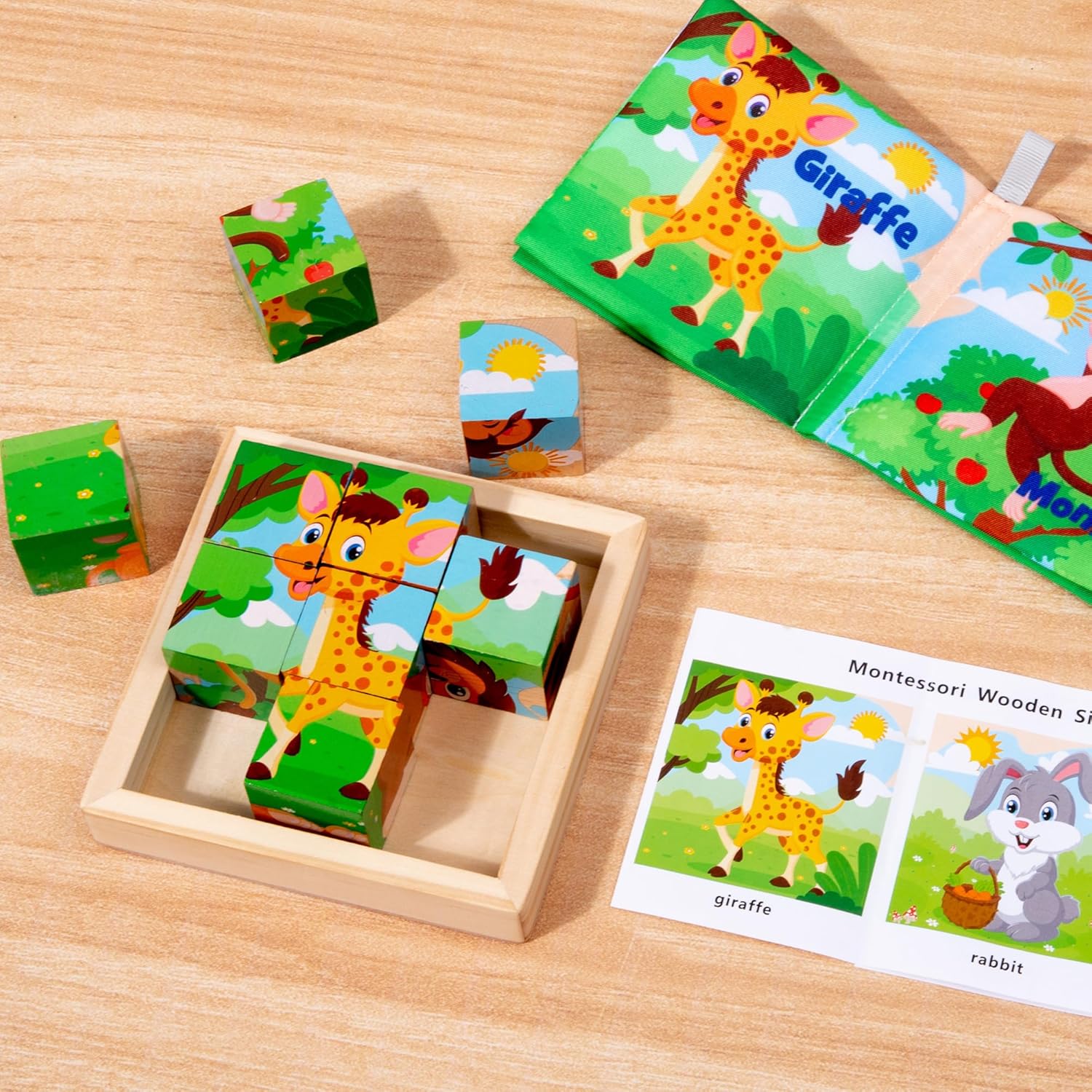 Wooden Animals Block Puzzles for Kids, Ages 2-4, 6-in-1 Montessori Educational Toys with Book, Jigsaw Puzzles for Preschool Learning, Rubber Wood, Cube, 6 Pieces, 3.5" x 3.5" x 1.3"