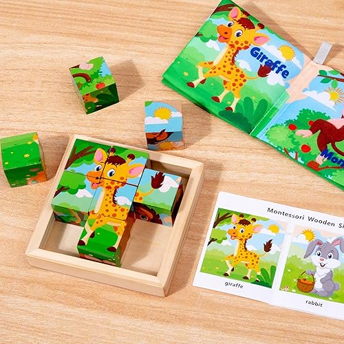 Miniatura 2 de Rompecabezas de cubo Montessori 6 en 1 para niños de 2 a 4 años, rompecabezas de animales de madera para niños de 3 a 5 años con libro de tela,