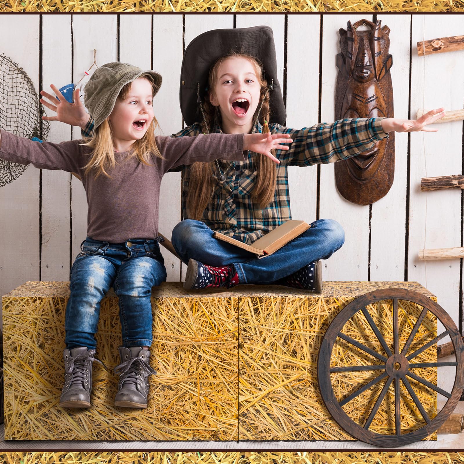 Outus 8 decorazioni per feste da cowboy includono 2 ruote rustiche in legno per carro 6 balle di fieno in paglia di grano, decorazioni occidentali per feste per foto puntelli compleanno autunno