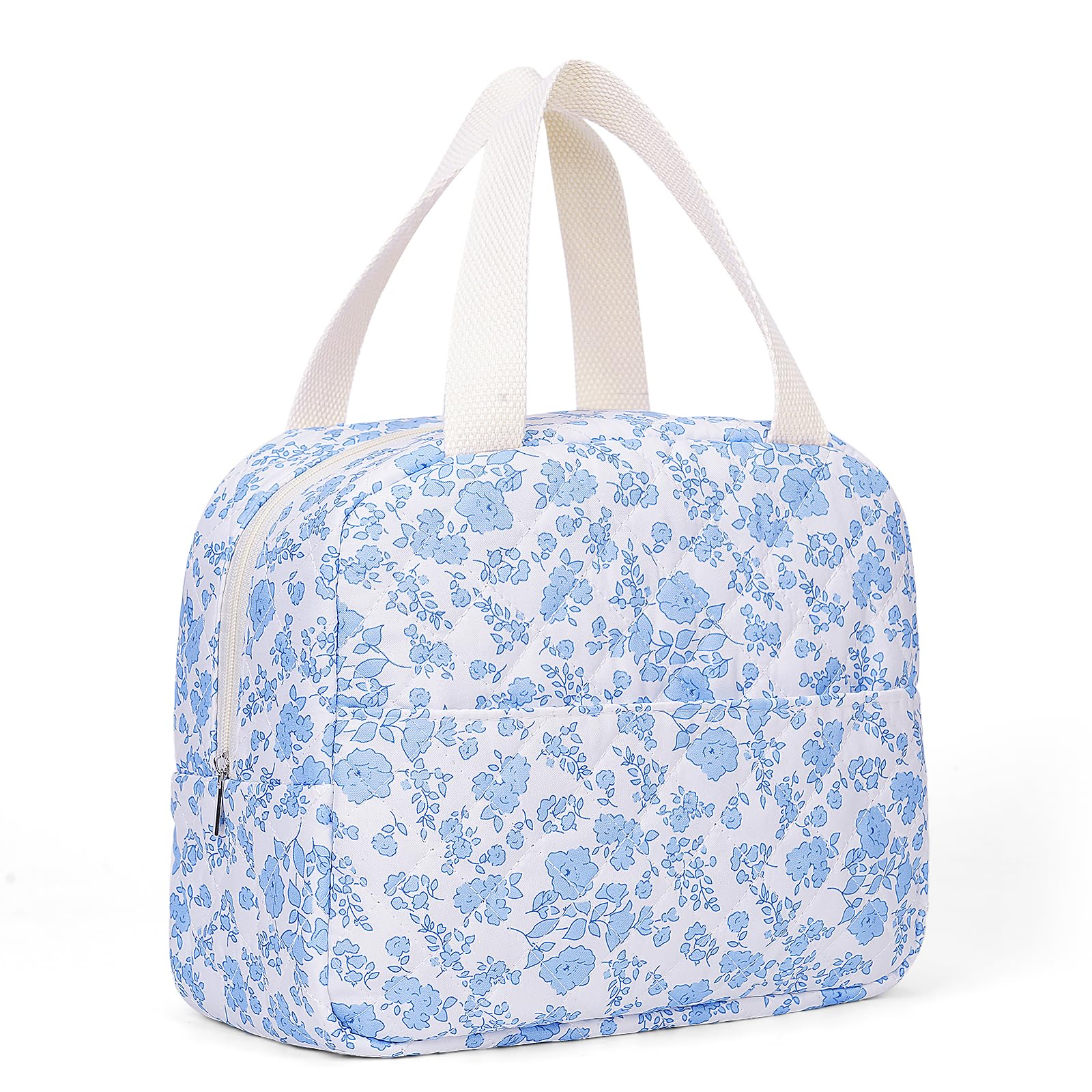 BBIQI Cute Lunch Box for Women Small Floral Lunch Box Quilted Lunch Tote Bag With Front Pocket Insulated Lunch Bag for Work Study