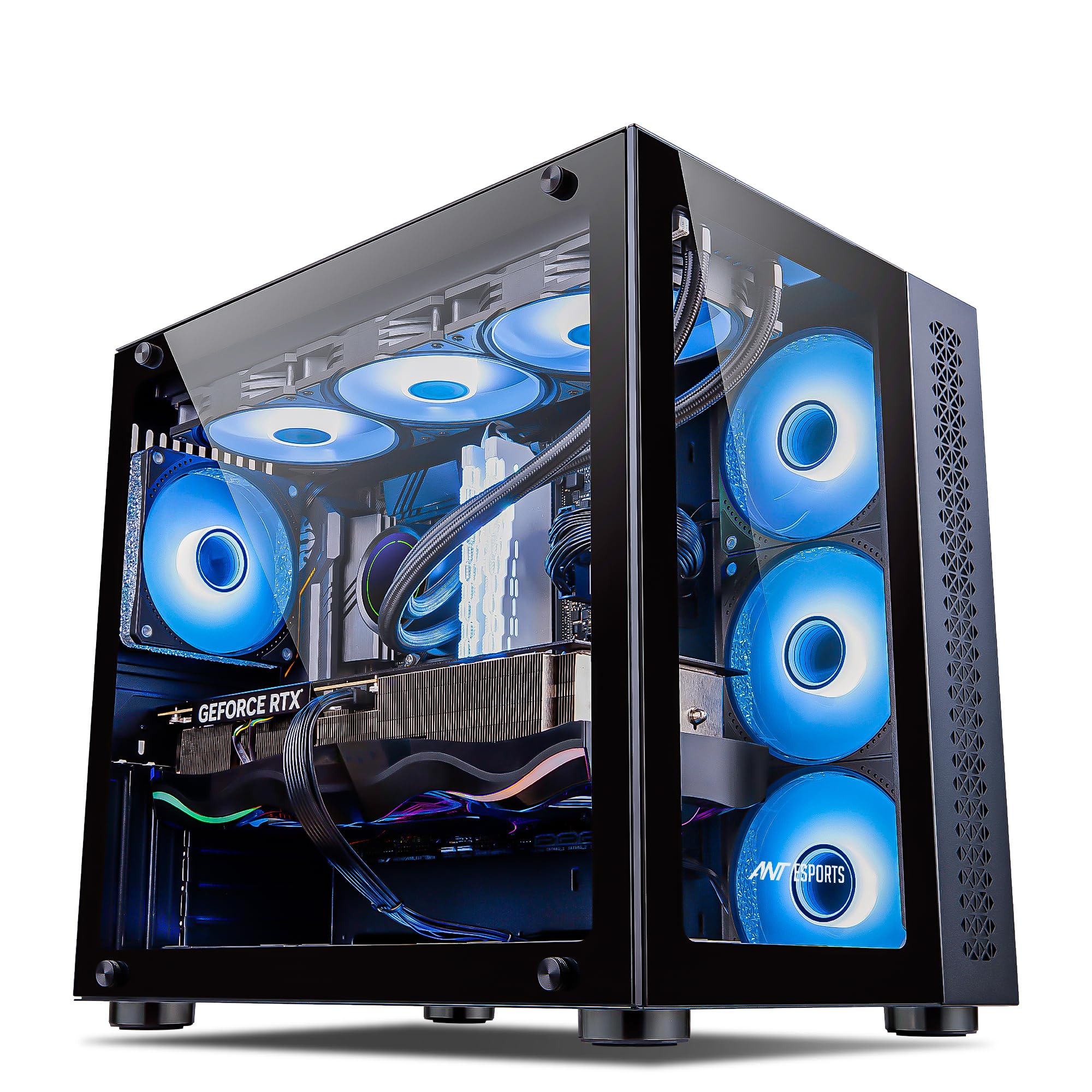 Ant Esports Crystal Mini-Tower Computer Case/Gaming Cabinet - Black | Support E-ATX, ATX, Micro-ATX, Mini-ITX | Pre-Installed 3 Side Fans and 1 Rear Fan