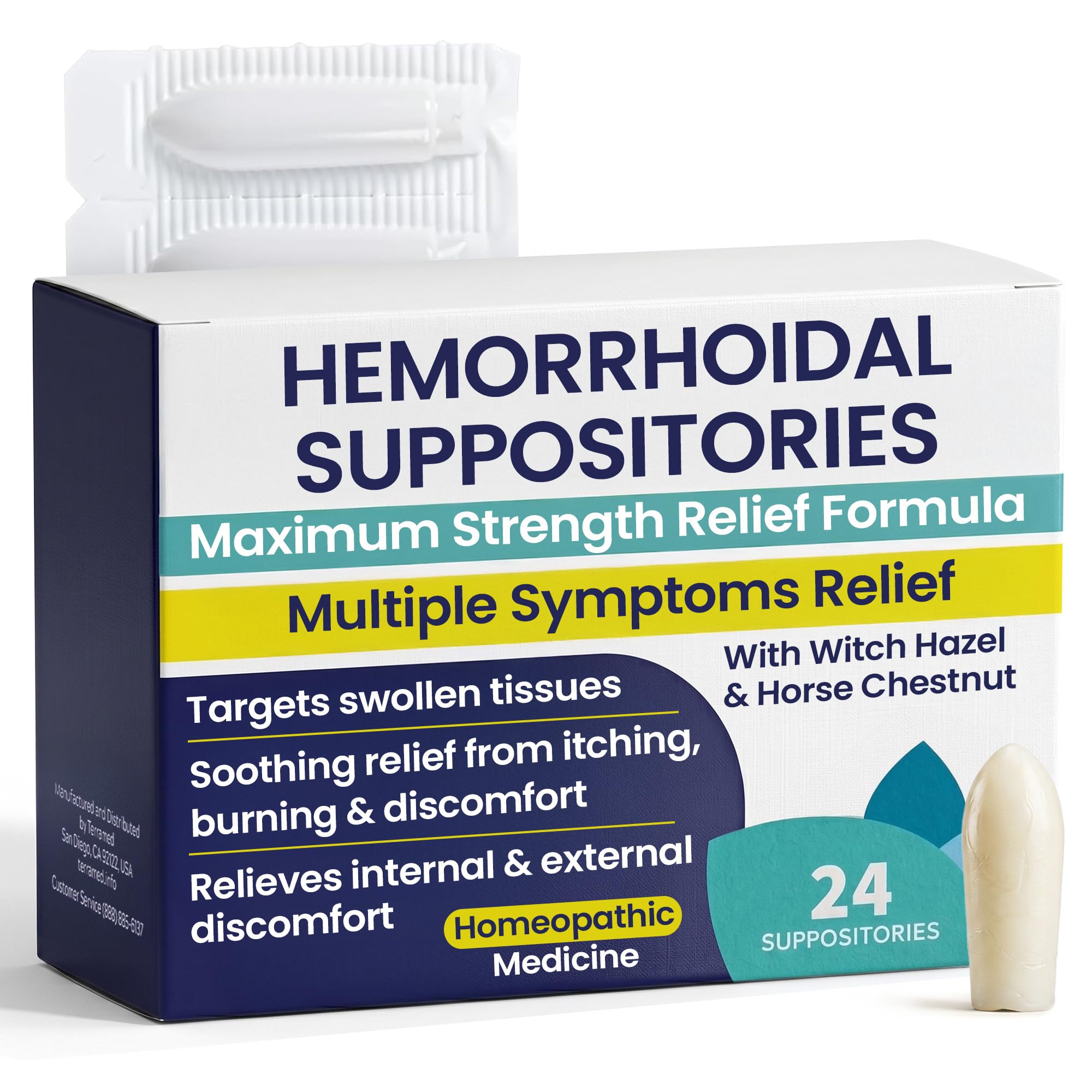 Hemorrhoid Suppository for Pain, Burning &amp; Itching Relief, 24 Suppositories