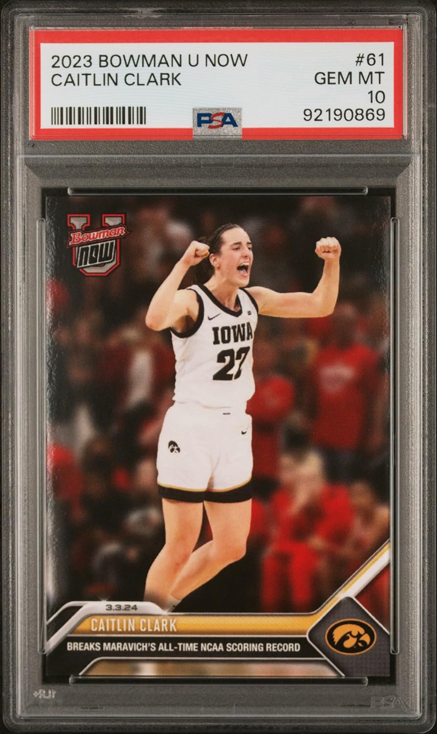 PSA 10 Caitlin Clark 2023 Bowman University Now #61 Passes Maravich Rookie Card Indiana Fever