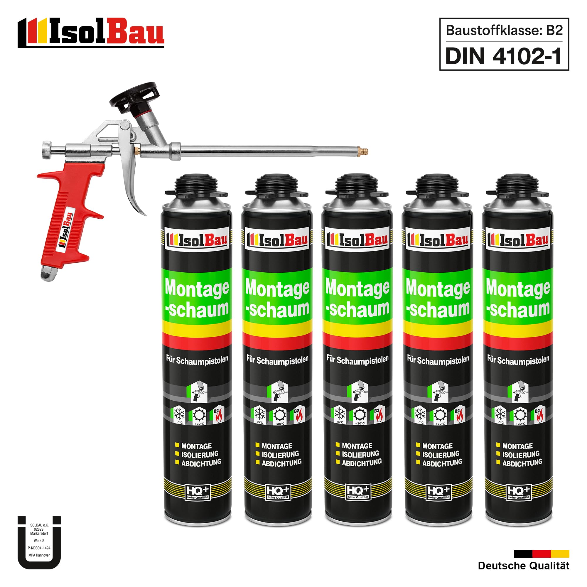Isolbau Bauschaum-Set - Inkl. 5 x 1K Montageschaum B2 Pistolenschaum mit hervorragender Schall und Wärmedämmung (je 750 ml) & 1x Schaumpistole, Verfüllen