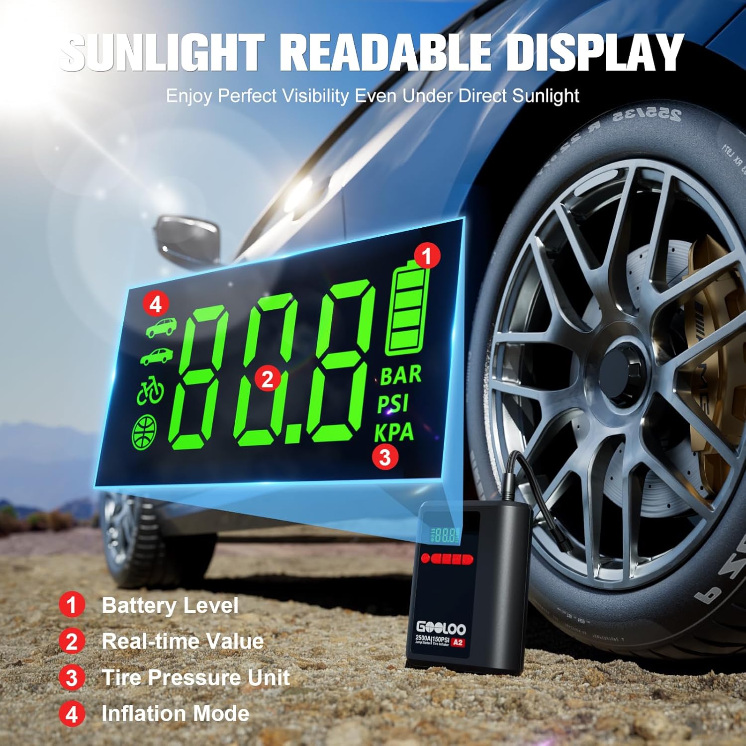 The GOOLOO A2 inflating a car tire.