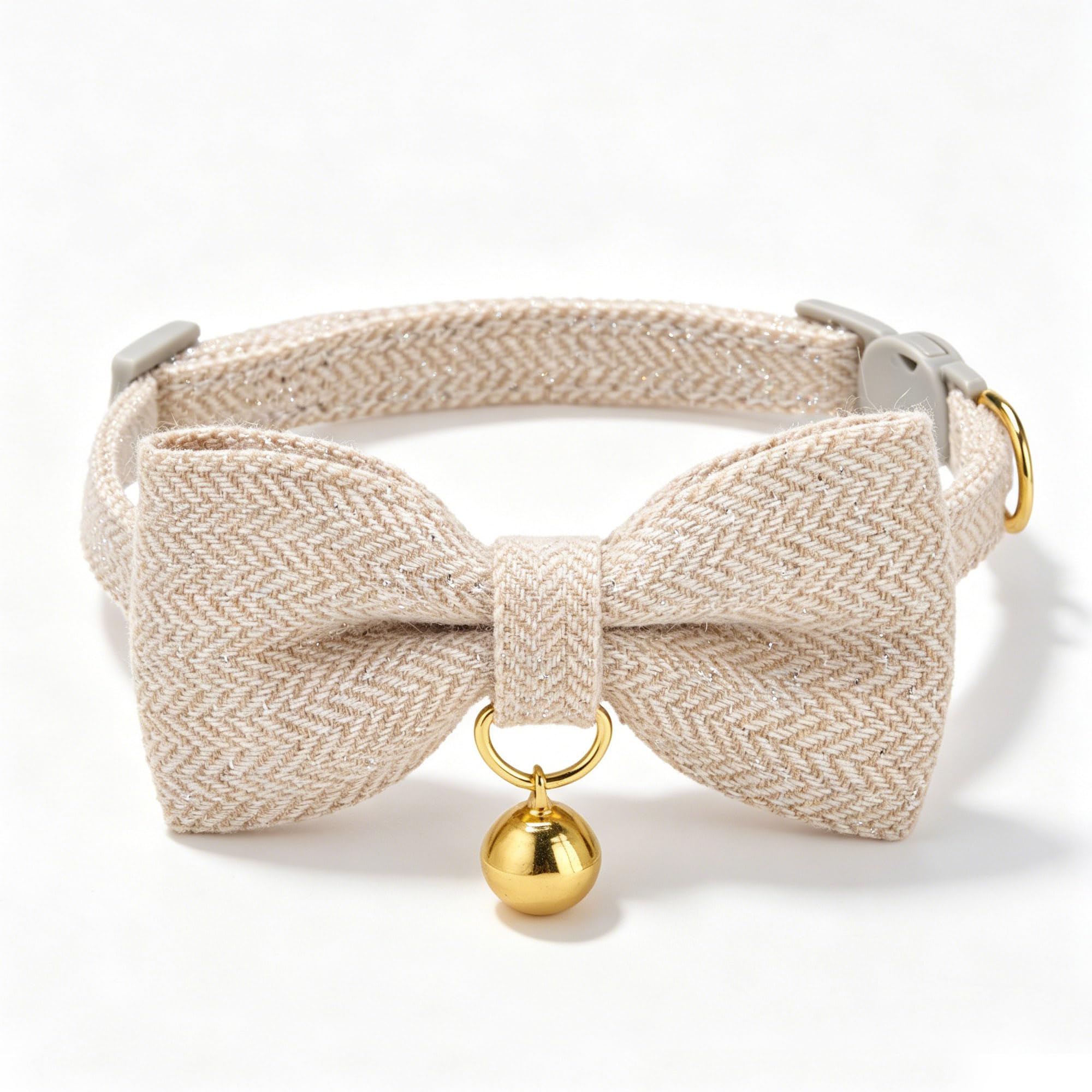 YUDOTE Cat Collar with Bow Tie, Cream Herringbone Breakaway Cat Collar with Bell, Adjustable Safety Kitten Collar for Cats, Stylish Fabric Pet Neckwear(Cream,TW)