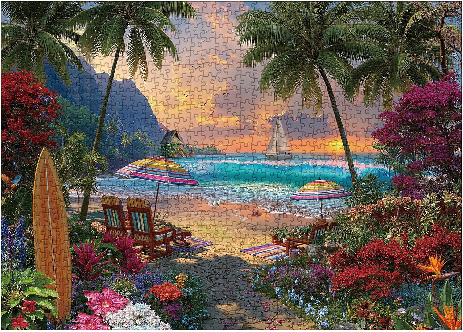 Colorful Beach Ocean Puzzles for Adults 1000 Pieces Nature, Beautiful Hawaii Bird Flower Plant Tree Jigsaw Puzzles, Pretty Landscape Sunset Sailboat Floral Scenery Puzzle