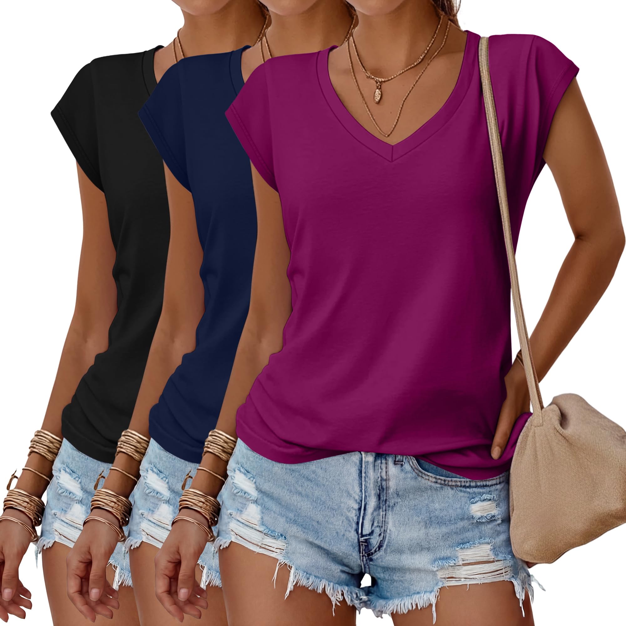 Huukeay 3 Pack Women's V Neck Short Sleeve Shirts | Soft but Sturdy Fabric, Roomy Drapey Fit, Cap Sleeve, Casual Summer Wear, Year-Round Wearable Style