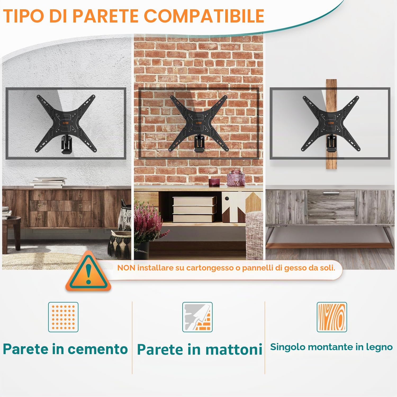 ELIVED Staffa a parete per TV Braccio a molla a gas regolabile in altezza, supporto a parete per la maggior parte dei televisori da 23-55 pollici con VESA 100x100mm-400x400mm fino a 25KG