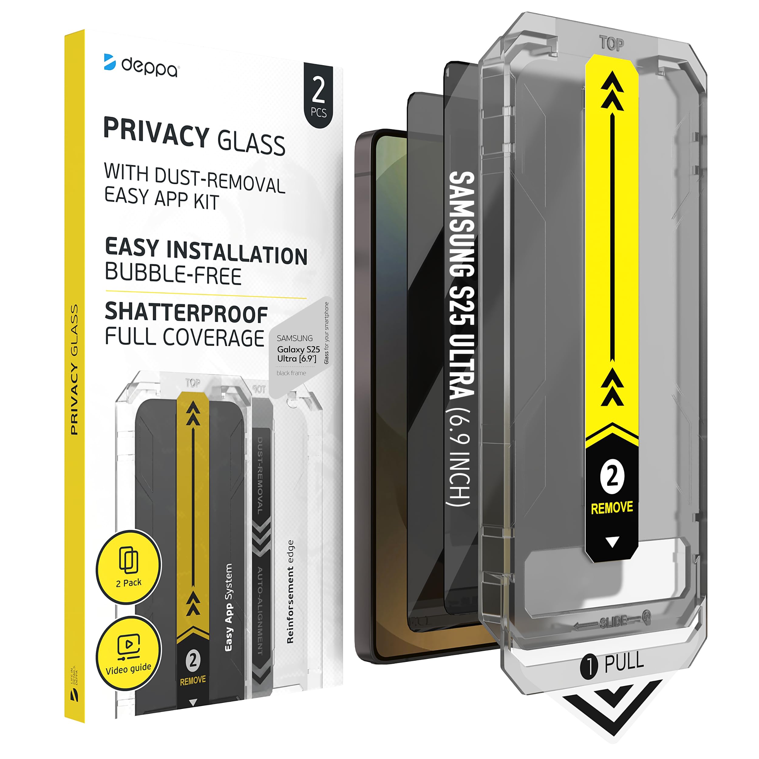 Deppa Privacy Pellicola Protettiva per Samsung Galaxy S25 Ultra (6.9") – Anti Spia Vetro Temperato, Ultra Resistente, Copertura Totale, Anti-Graffio, 2 Pezzi