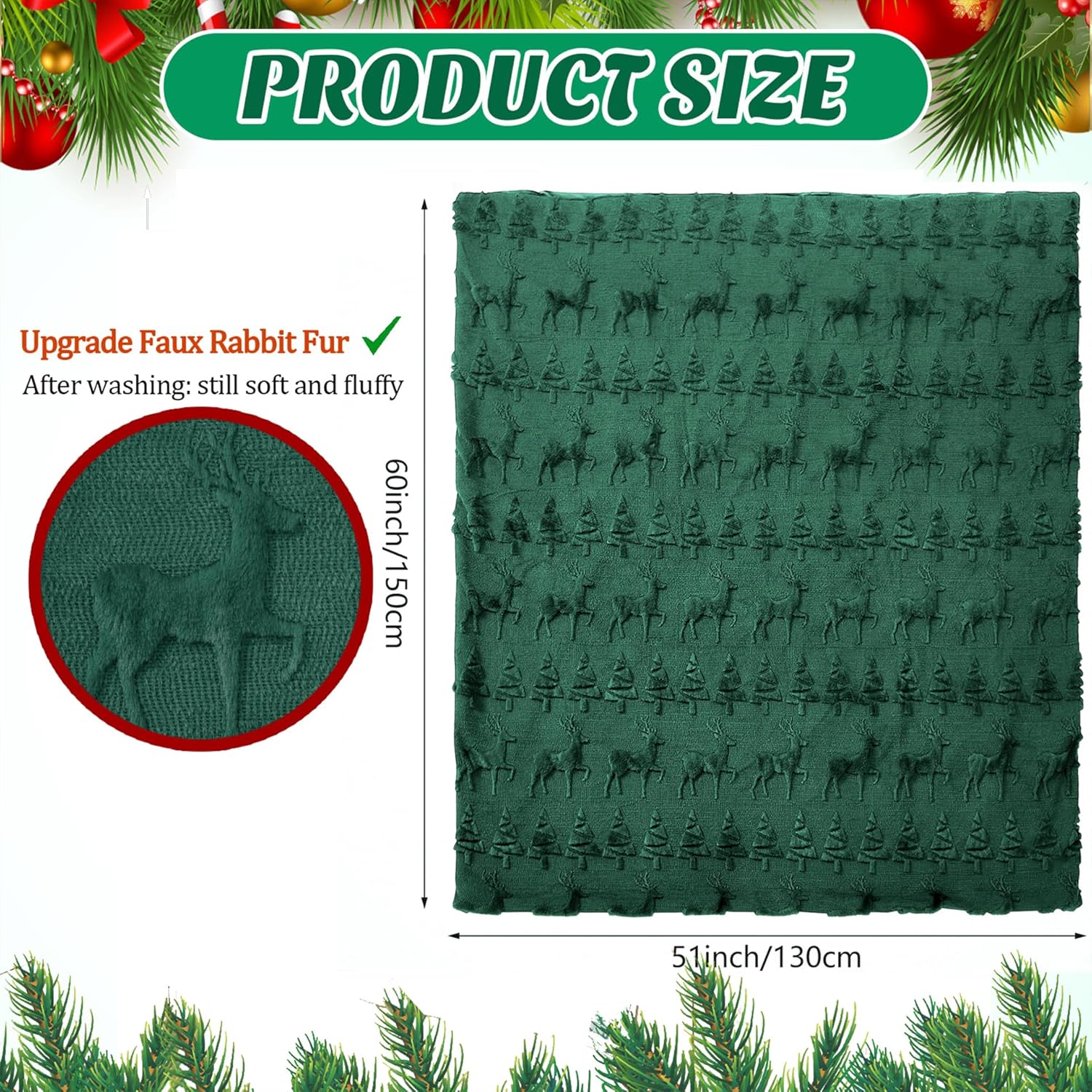 Tegeme Christmas Throw Blanket Green 3D Xmas Reindeer Throw Blanket 50" x 60" Winter Christmas Holidays Dutch Velvet Faux Rabbit Fur Decorations Cozy Soft Lightweight Gift for Home Living Room Sofa - Image 2