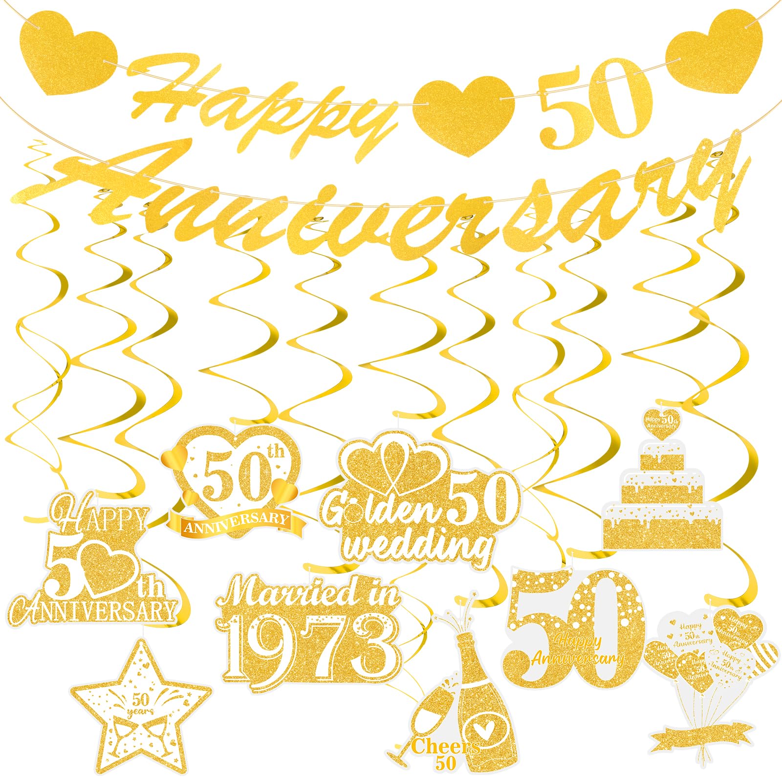 50th Golden Wedding Anniversary Decorations Gold Happy 50th Anniversary Banner and White Gold 50th Wedding Anniversary Hanging Swirls for Golden Wedding Anniversary,50th Anniversary Party Decorations