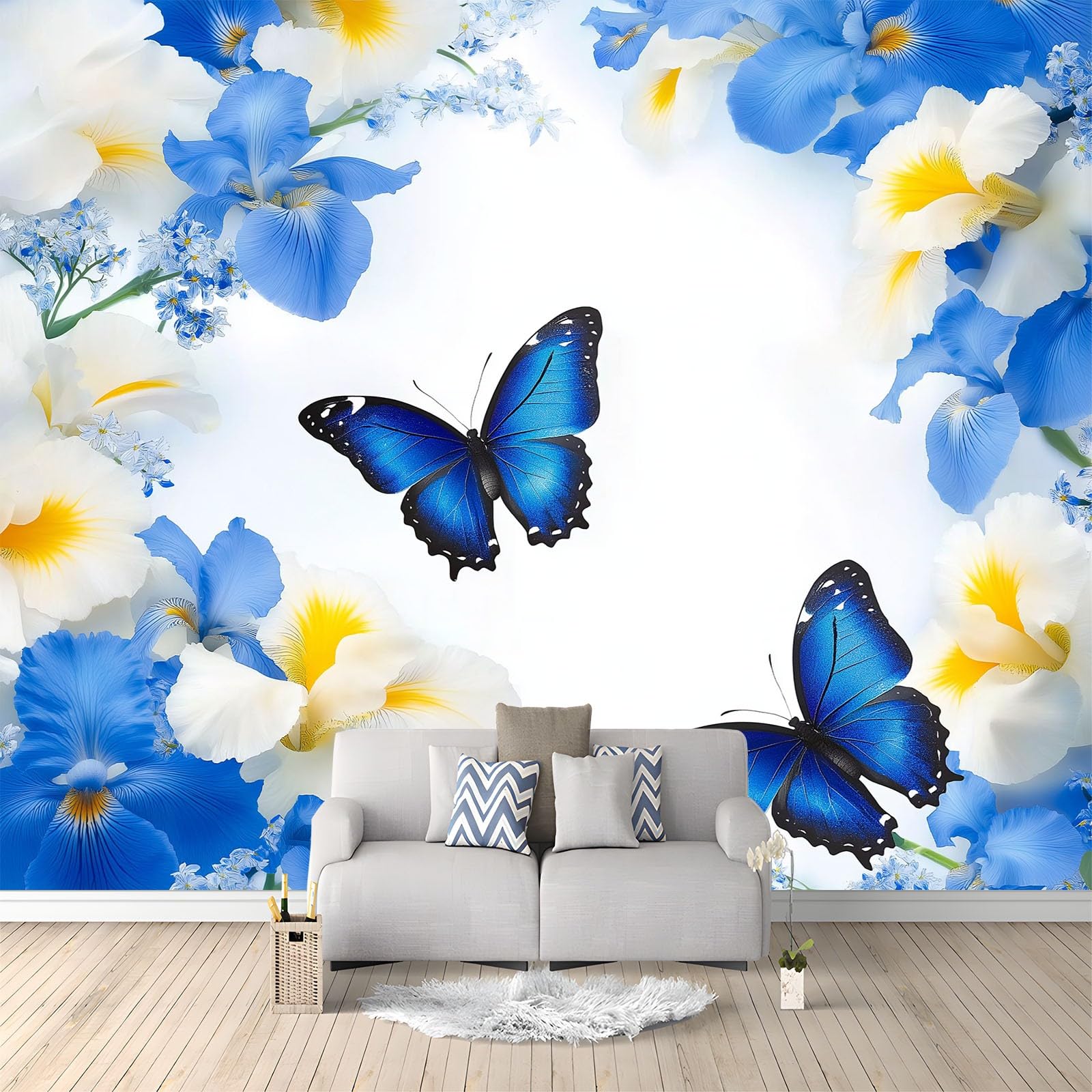 Fototapeta z niebieskimi motylami, kwiatami, efekt 3D, fototapeta, motyw tapety, tapeta z włókniny, nowoczesna tapeta ścienna, dekoracja do sypialni, salonu, 300 x 210 cm