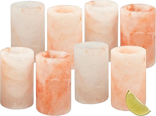 Deco Himalayan Salt Shot Glasses (paquete de 8) - Juego de disparos de tequila de sal rosa totalmente natural tallados a mano de 3 pulgadas - Forma