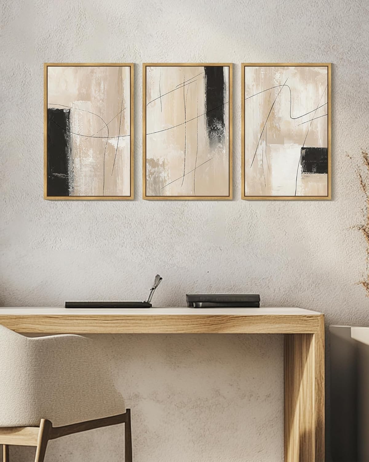 KUVIOKE Abstract Framed Wall Art Minimalist Beige Pastel Watercolor Neutral Wall Decor Modern Black Line Art Painting for Bedroom Dining Room 16x24in (Natural Framed)