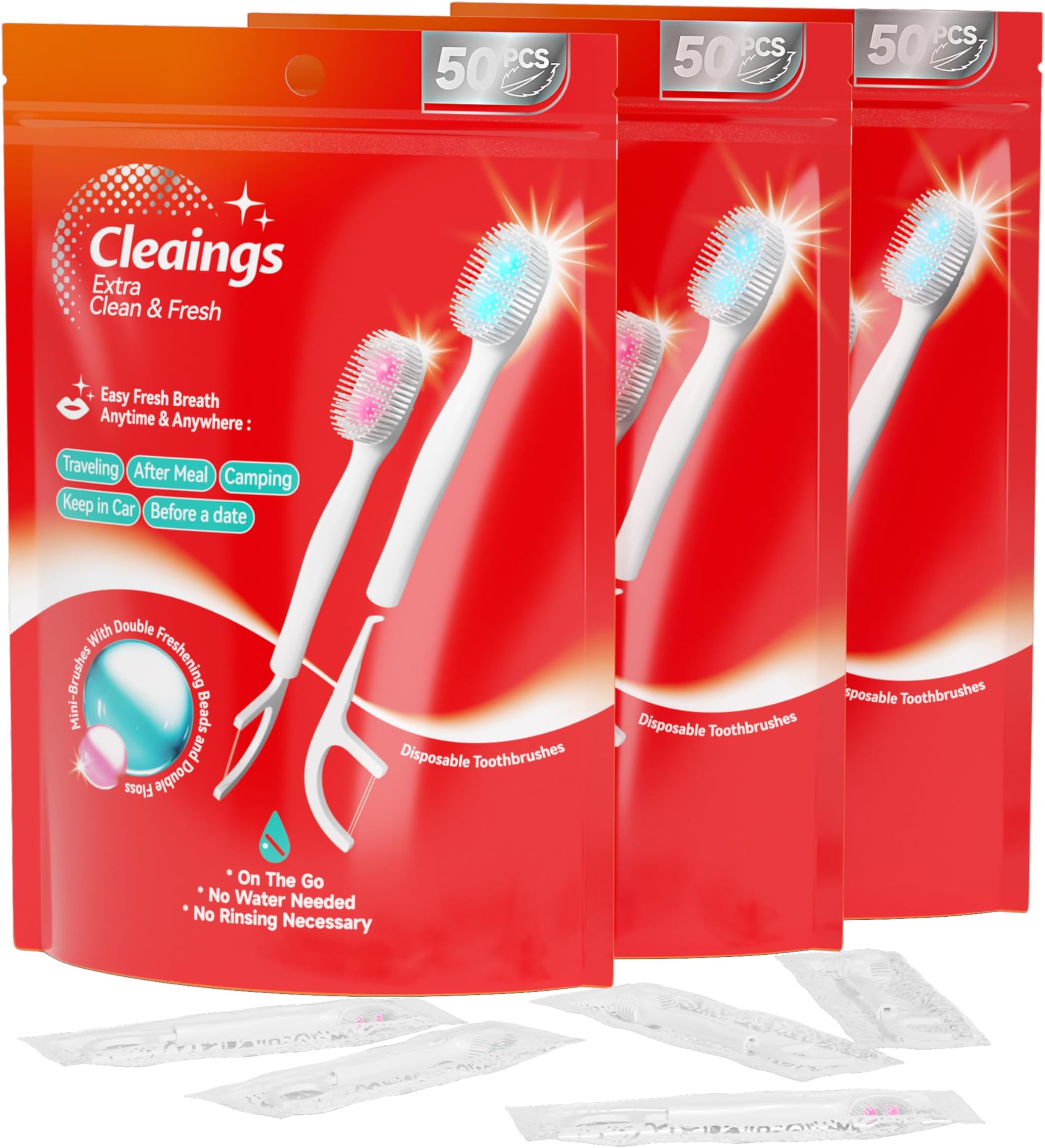 cleaings® Disposable Toothbrushes with Double Cleaning Beads Toothpaste and Clean Floss Picks for Work or Travel - 50 pcs-Mix Flavor(Pack of 3)