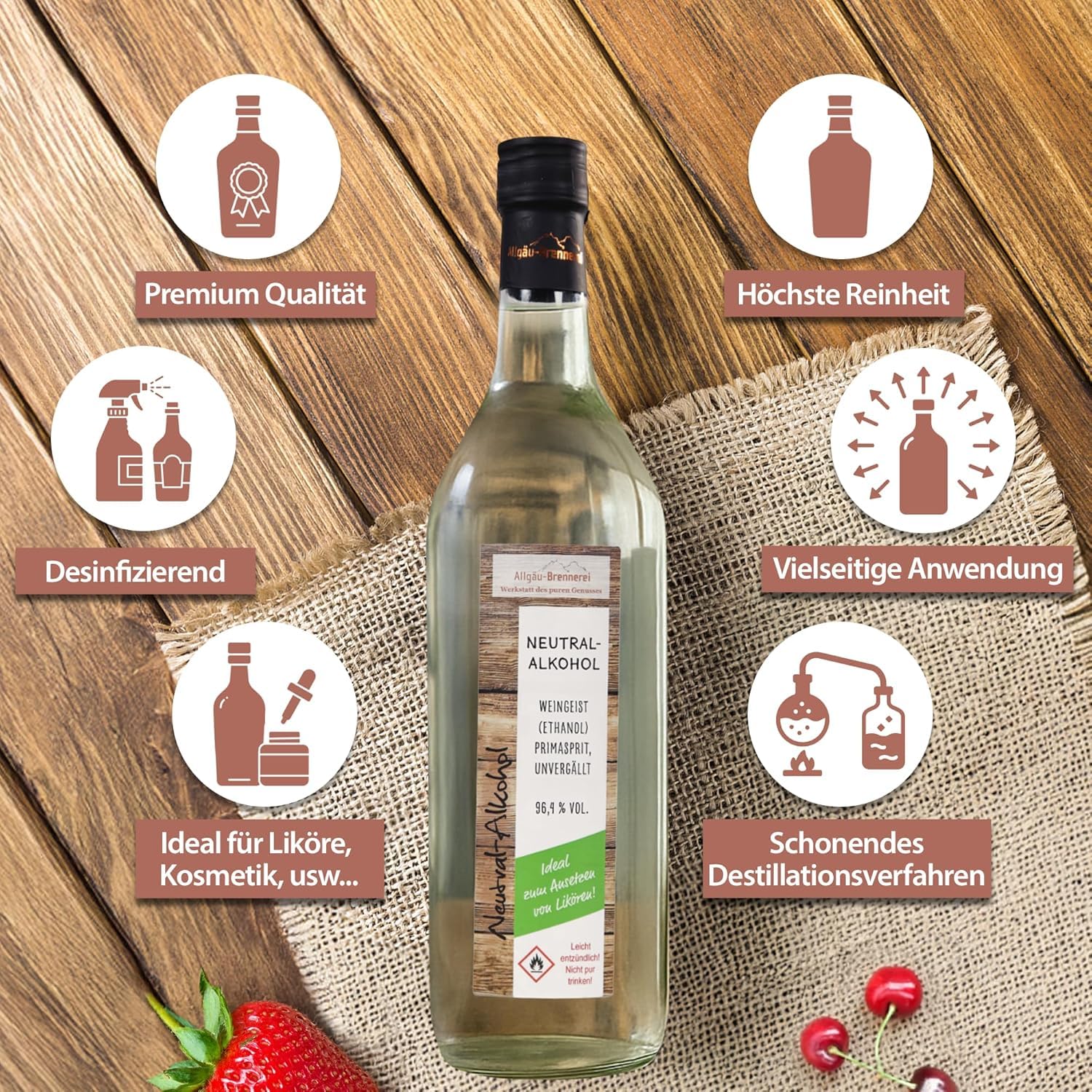Allgäu Brennerei Weingeist Primasprit Ethanol 1000ml - Neutral Alkohol - Ideal zur Herstellung von selbstgemachten Likören (3 Flaschen)