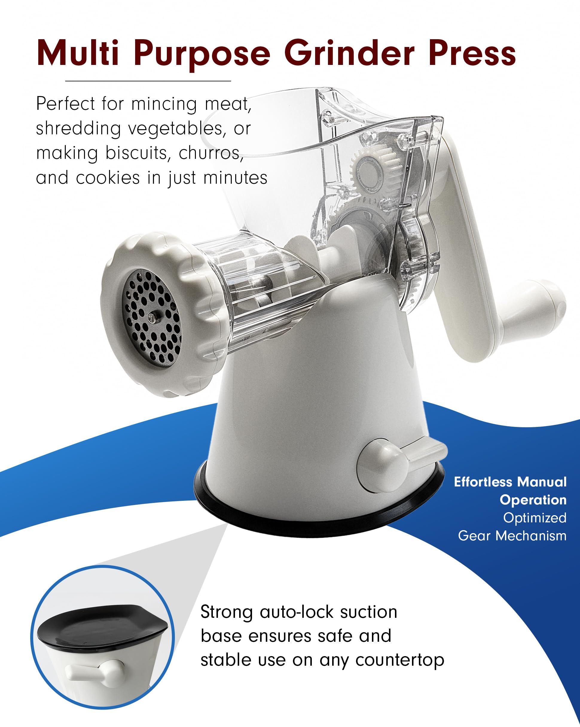 Tredoni Tritacarne Manuale & Tritaverdure – Macchina per Biscotti con Pressa e Accessorio per Churros/Biscotti (4 Forme), Bianco