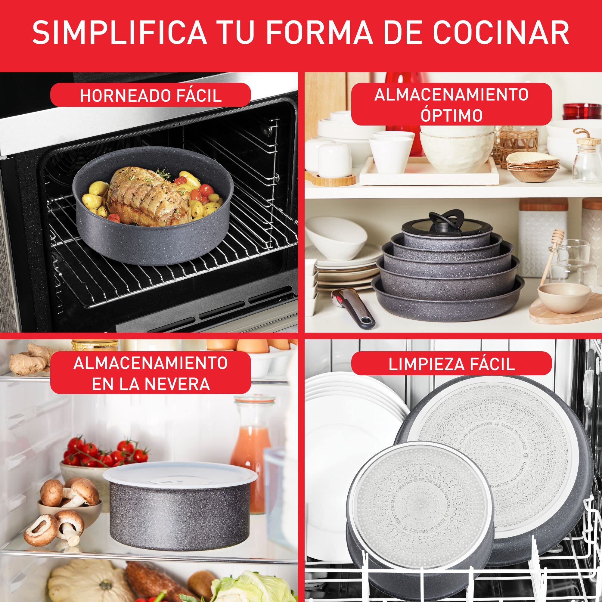 Tefal Ingenio Natural On - Juego de Sartén 28 cm + Cazo 20 cm + Wok 26 cm + Mango extraíble, Apto inducción, antiadherentes, revestimiento titanio, apto lavavajillas y horno