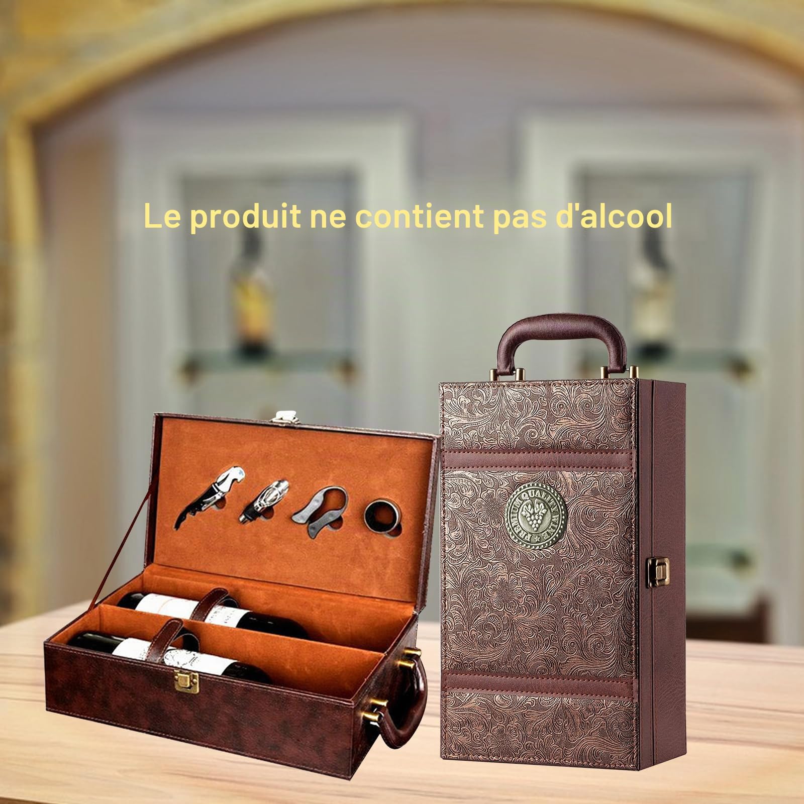 Coffret à vin Sommelier Set avec 4 Accessoires pour le vin Coffret Cadeau pour le Vin Étui de transport de vin pour 2 Bouteilles pour Mariage Anniversaire Fête Voyage 35x20x12 cm