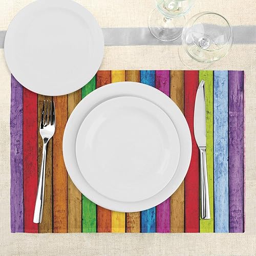 Miniatura 3 de Ambesonne Juego de 4 manteles individuales abstractos, tablones verticales de madera pintada vibrante como fondo, imagen alegre del arco iris,