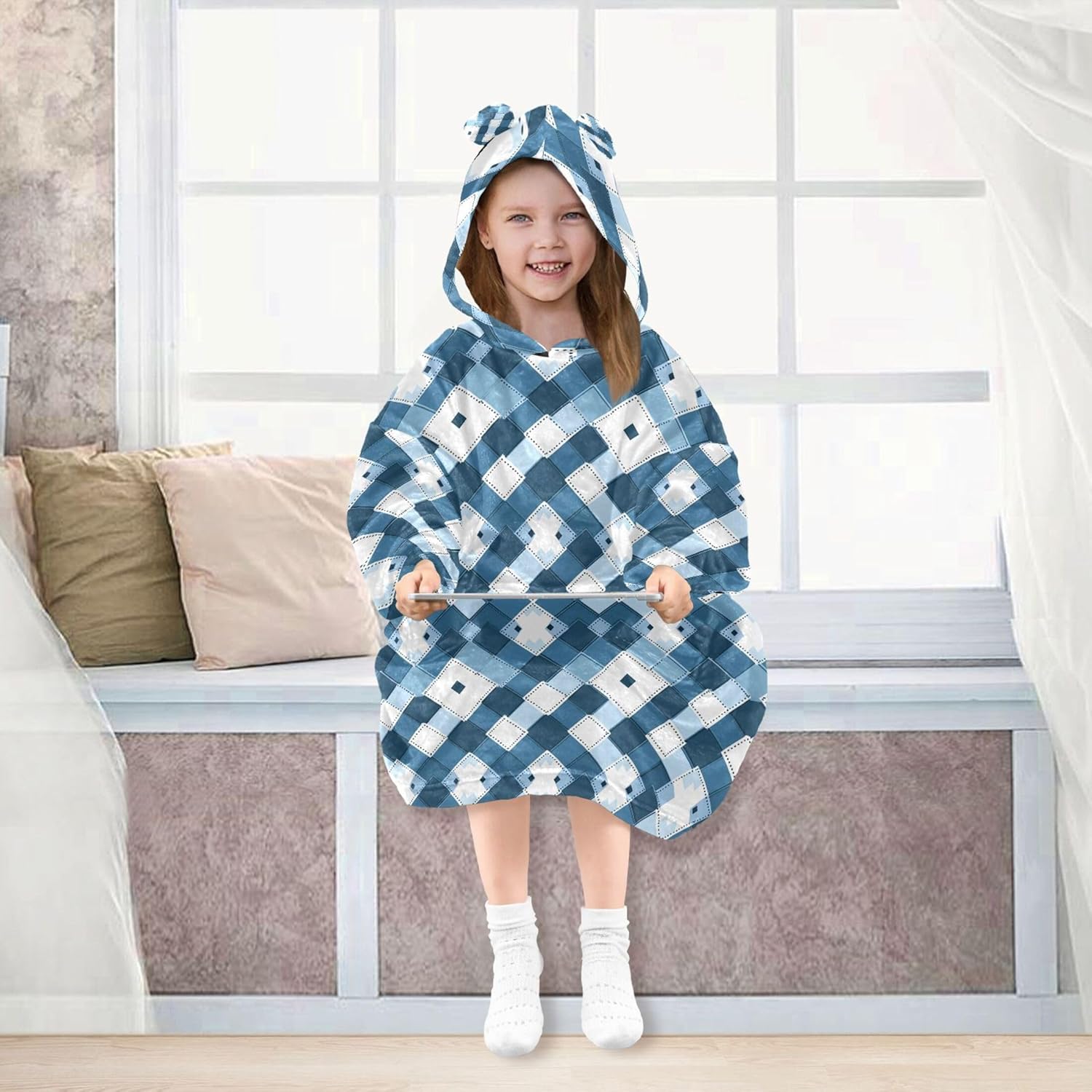 Buffalo Check Plaid Kids Wearable Blanket Hoodie with Pocket and Sleeves for Toddlers, Cute Hoodies Girls B0403961