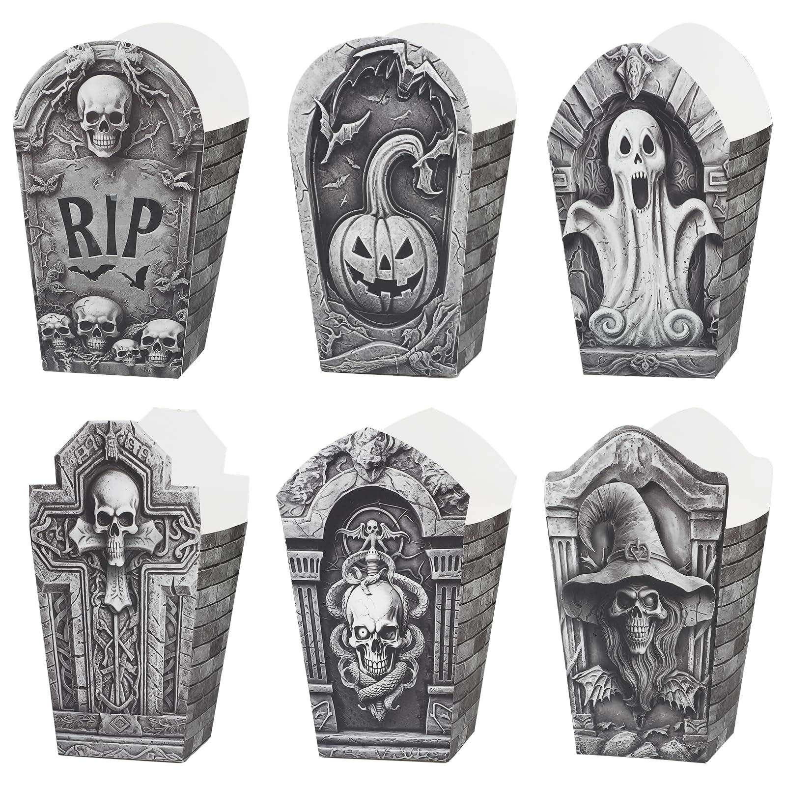 LOKIPA 24 Pcs Halloween Popcorn Box,Tombstone Halloween Popcorn Gift Box Party Snack Favor Boxes for Kids Adults Candy Container Supplies