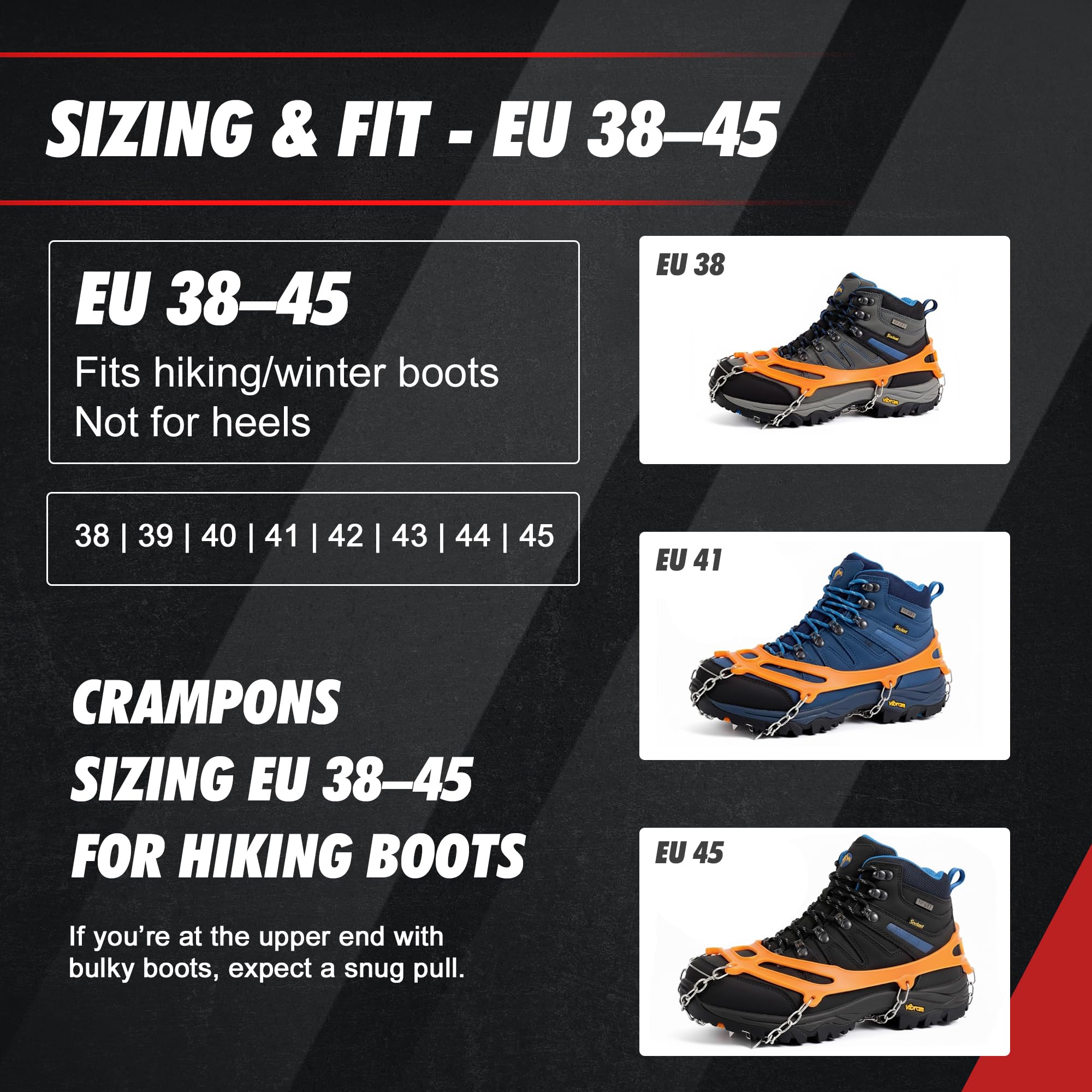 Ramponi per scarponi da montagna a 8/19 denti, Premium Ramponi antiscivolo per scarpe per neve e ghiaccio, in acciaio, taglia 38-42/42-45/44-47 - M/L/XL, per uomini e donne