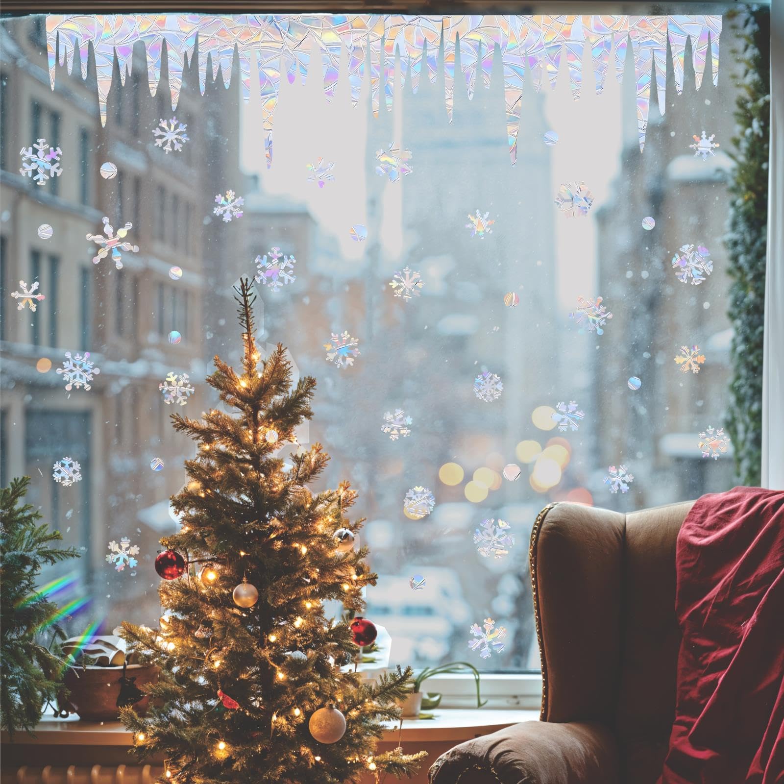 Icicle Snowflake Window Cling Christmas Snow Window Decals Winter Snow Window Clings Xmas Snowflake Anti Collision Vinyl Window Stickers to Save Birds Suncatcher Rainbow Stickers