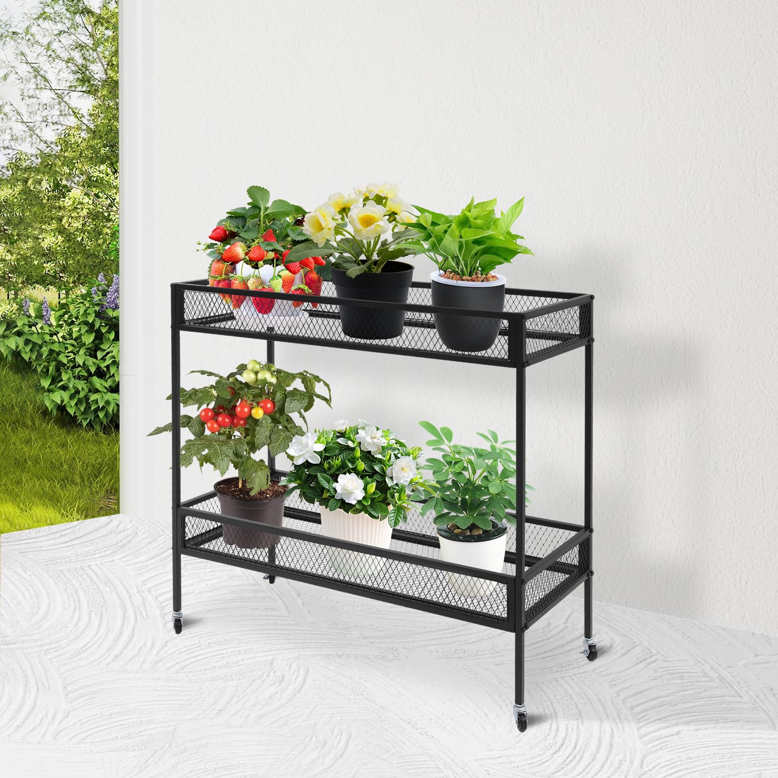 Genérico Carro utilitario de Hierro de 2 Niveles con Ruedas, Negro, 102 x 41 x 102,5 cm