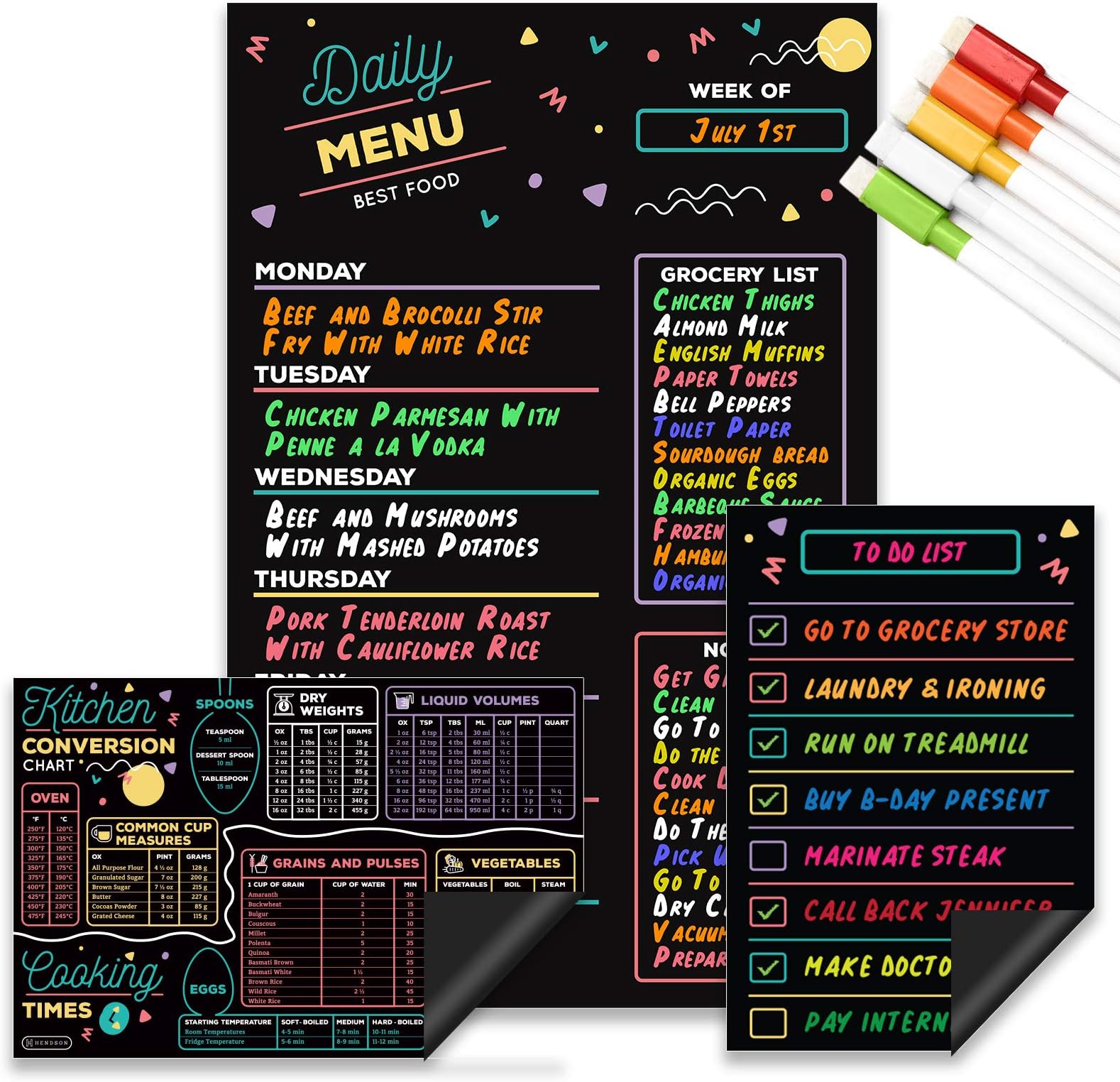 Magnetic Dry Erase Menu Board for Kitchen Refrigerator Set with Markers - Weekly Meal Planner, Cooking Conversion Chart & to-Do List - Chalkboard Style Dinner Planning Magnet Fridge Boards 3-Pack