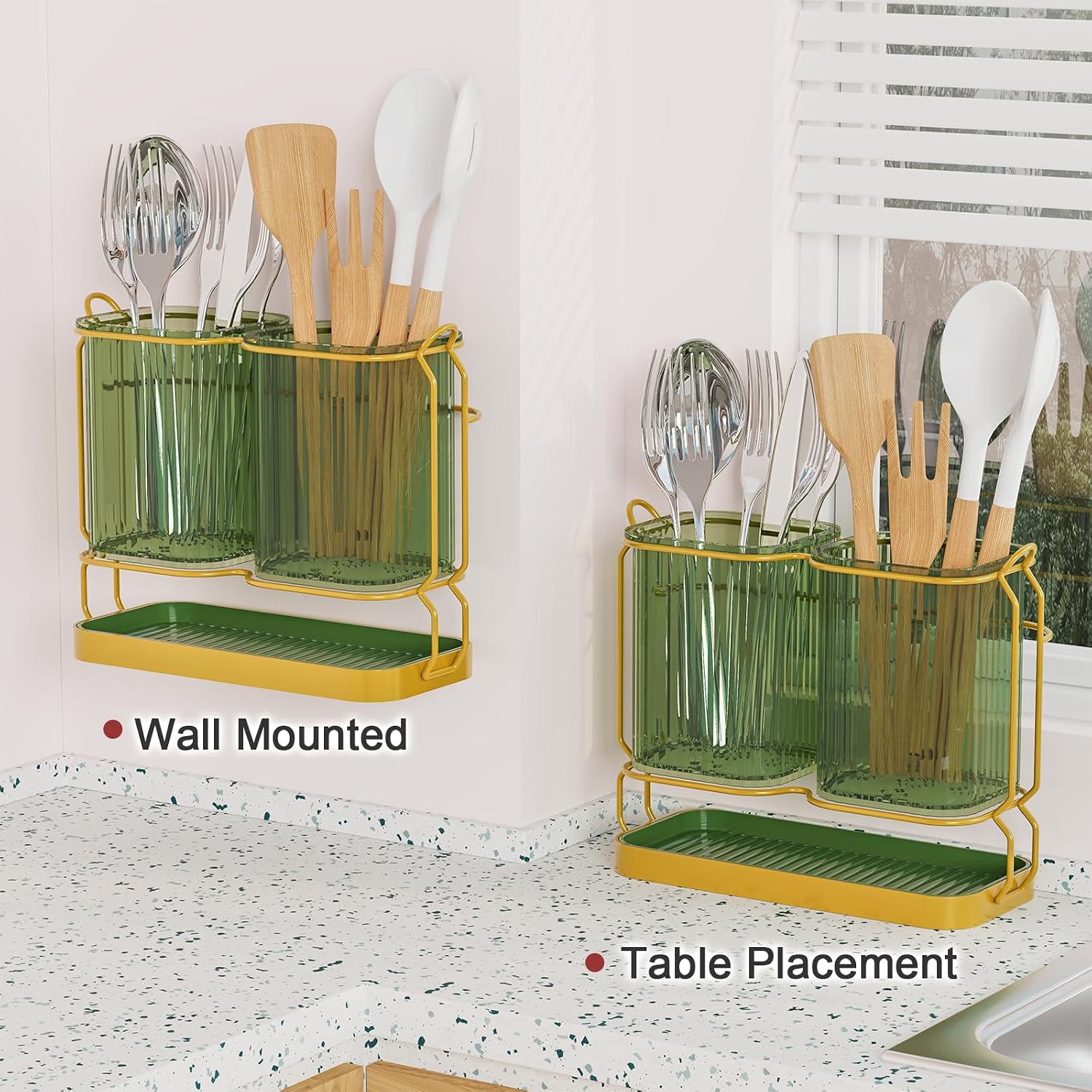 Kitchen Utensil Holder Wall Mount, 6.7" Silverware Holder for Kitchen Countertop, Toothbrush Holders Utensil Drying Holder with Drain Tray for Silverware,Spatula (Green)