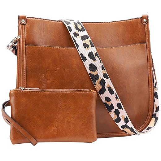Erihop Vegan Leather Crossbody Bags for Women, Top Zipper Closure Cross Body Purses with Interchangeable Leopard Strap, Brown