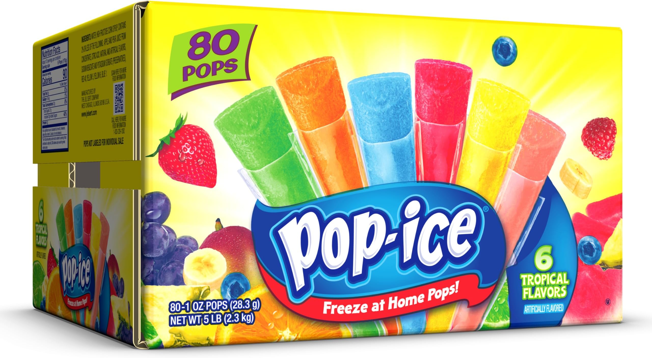 Pop Ice Popsicle Tropical Variety Pack of 1 Oz Freezer Bars, 80 Count