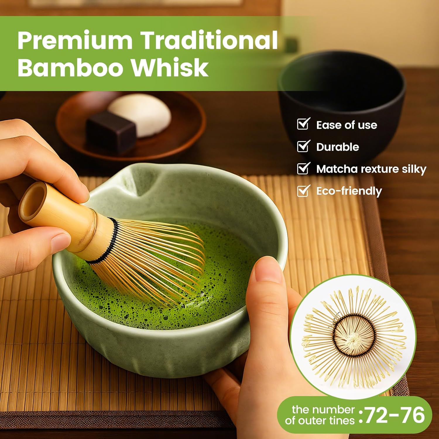 Farielyn-X Matcha Whisk Set, Japanese Tea Set (5pcs) includes Matcha Bowl with Spout (19 oz), Bamboo Whisk, Matcha Scoop, Matcha Whisk Holder (Chasen Holder), Stainless Steel Sifter, Macha Kit - Image 6
