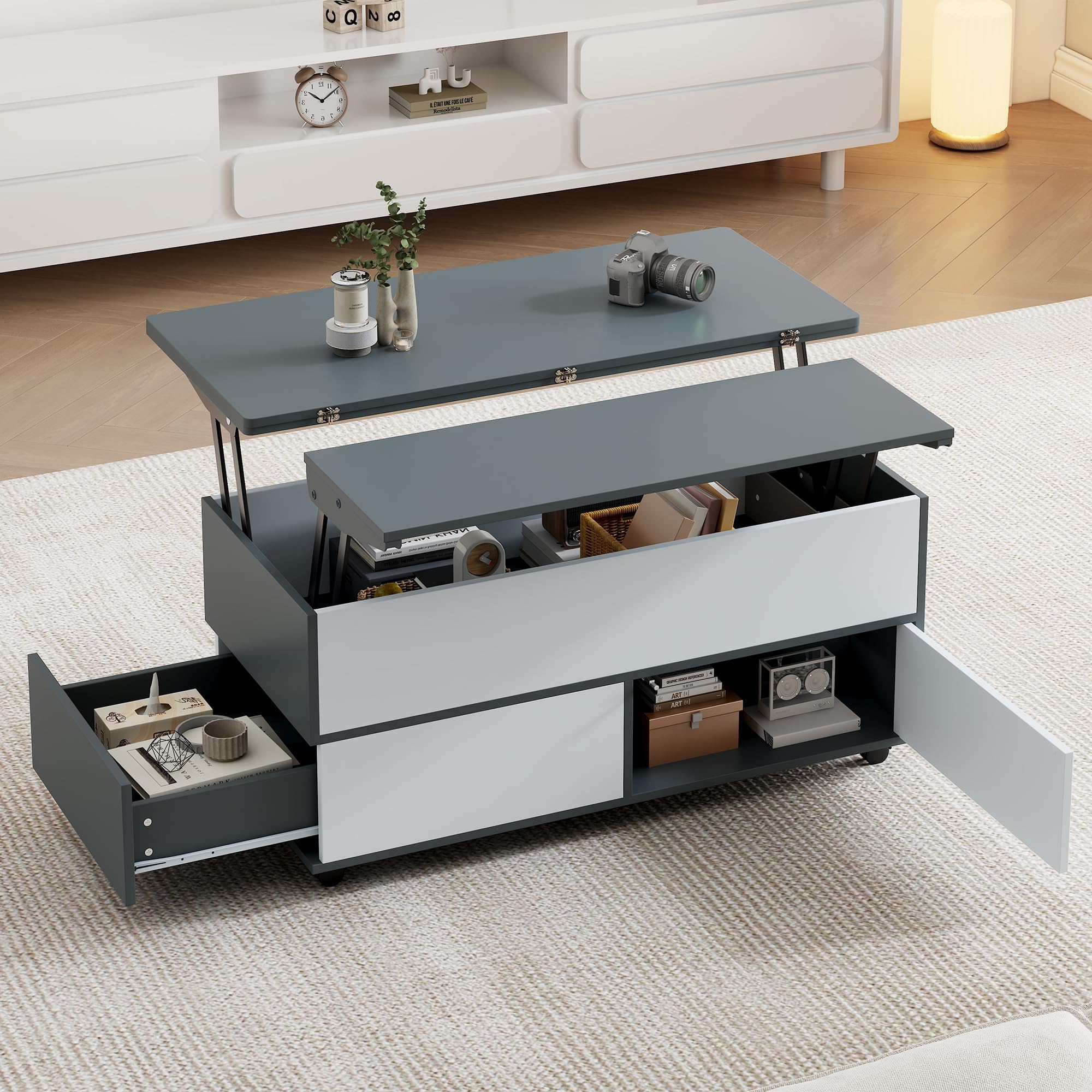 Mesa de café regulable en altura con espacio de almacenamiento oculto y estante, mesa de salón con ruedas y cajones, mesa de comedor multifuncional con espacio de almacenamiento, empalmes gris-blanco