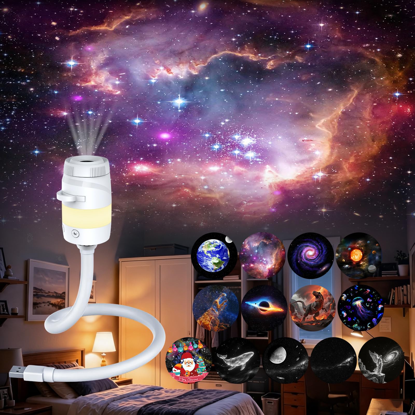 Proiettore Stelle Soffitto, Plug-and-Play HD Star Projector con 13 Dischi Film,Alimentazione USB,Luce notturna con Gradiente di colore, Proiettore Galassia per Decorazione Della Stanza (Bianco)
