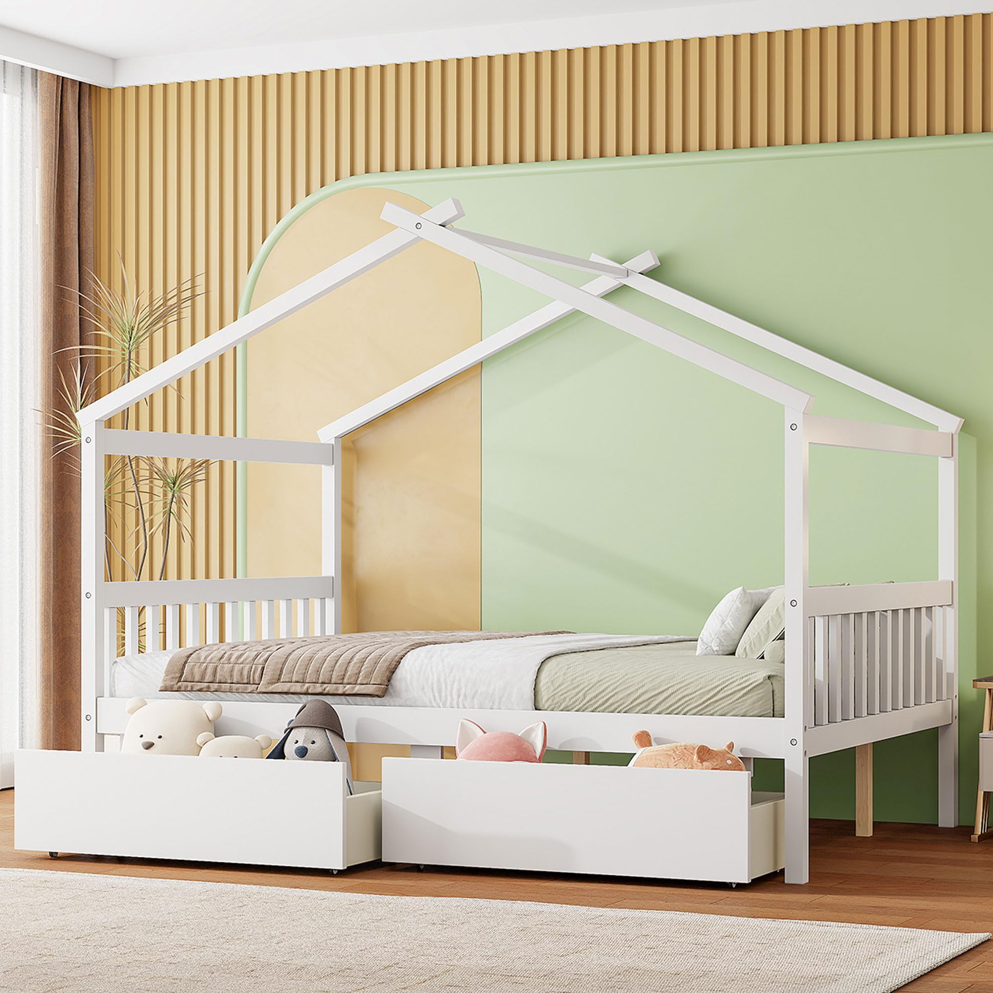 Full Size House Platform Bed with Roof and 2 Drawers, Solid Wood House Daybed Frame with Headboard and Slat Support for Kids Teens Girls Boys Bedroom, Can Be Decorated (White-03, Full)